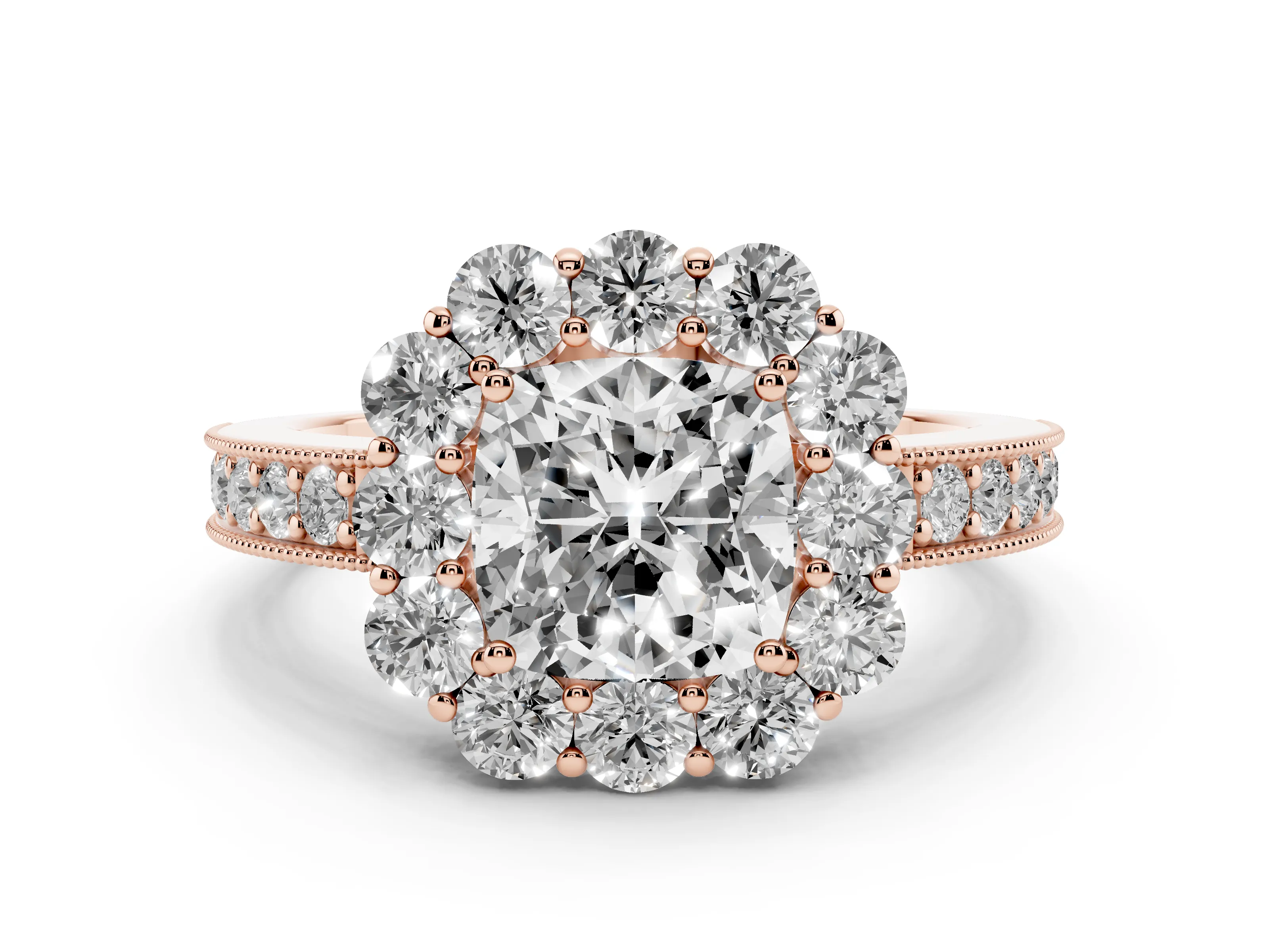 Cushion Cut Diamond Halo Pavé Engagement Ring Set in Rose gold with Milgrain Detailing