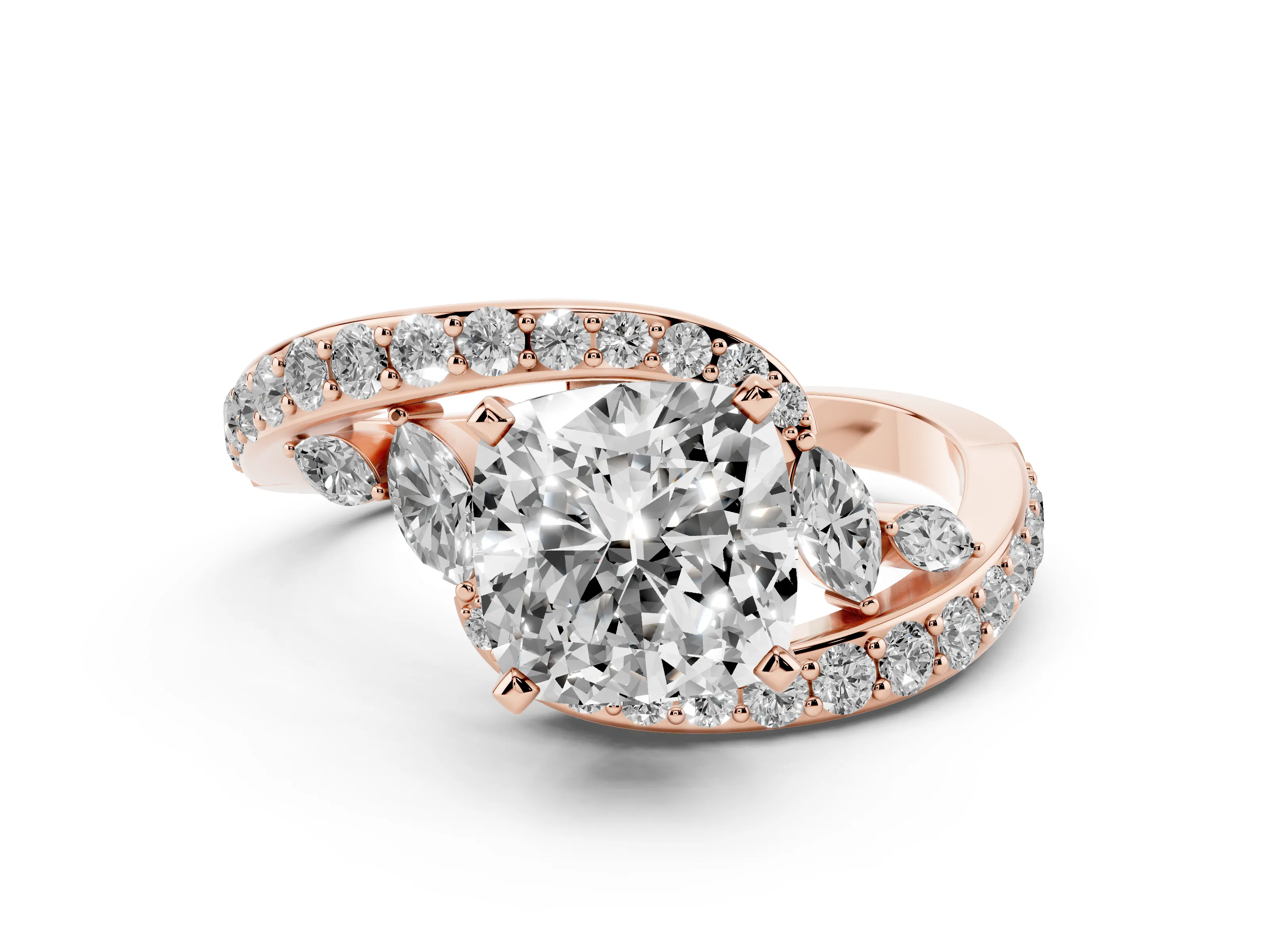 Cushion Cut Diamond Solitaire Ring Set in Rose gold with Pavé Twist Band and Secure Prong Setting