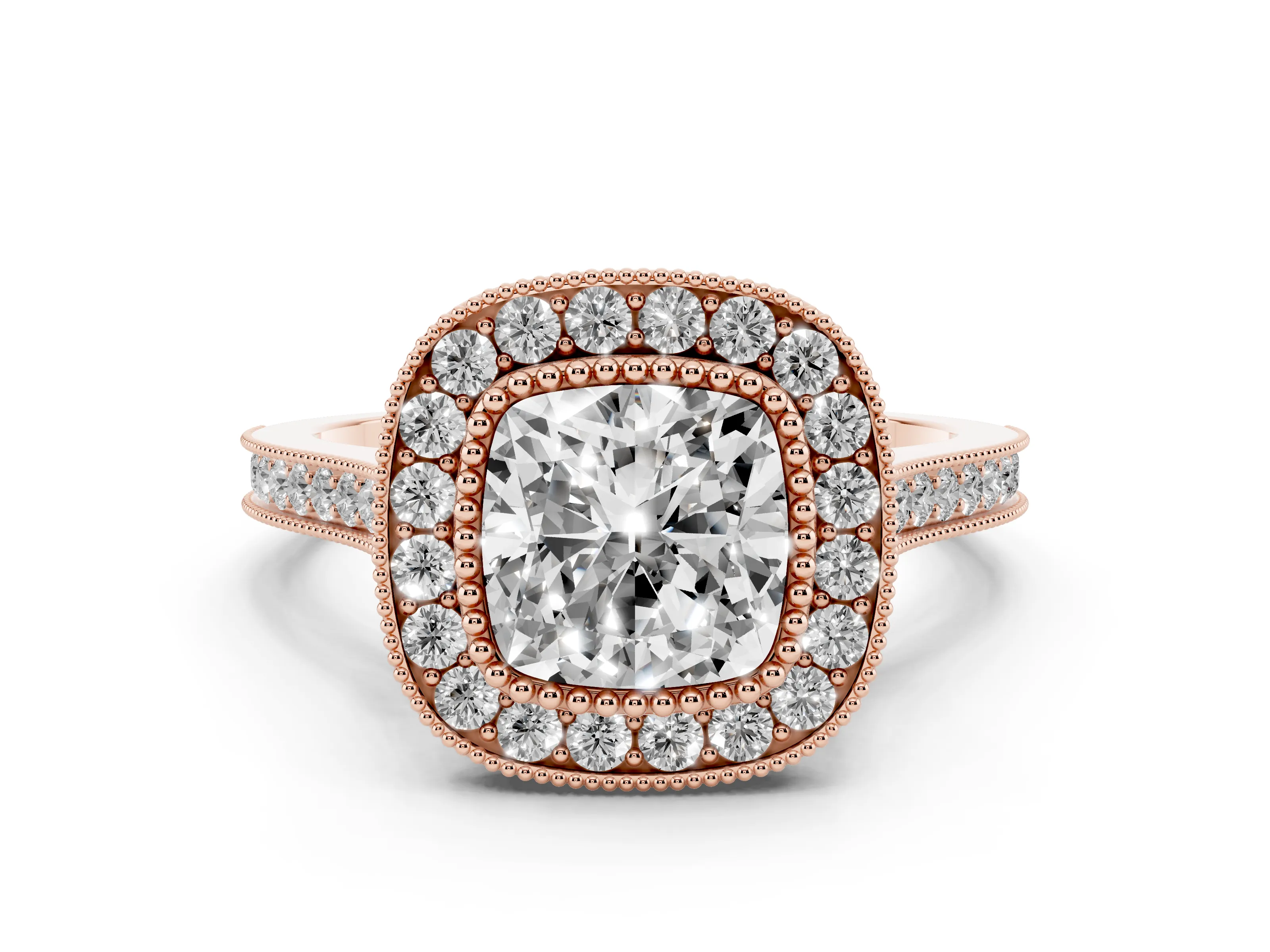 Cushion Cut Diamond Halo Ring Set in Rose gold with Milgrain Frame and Pavé Band