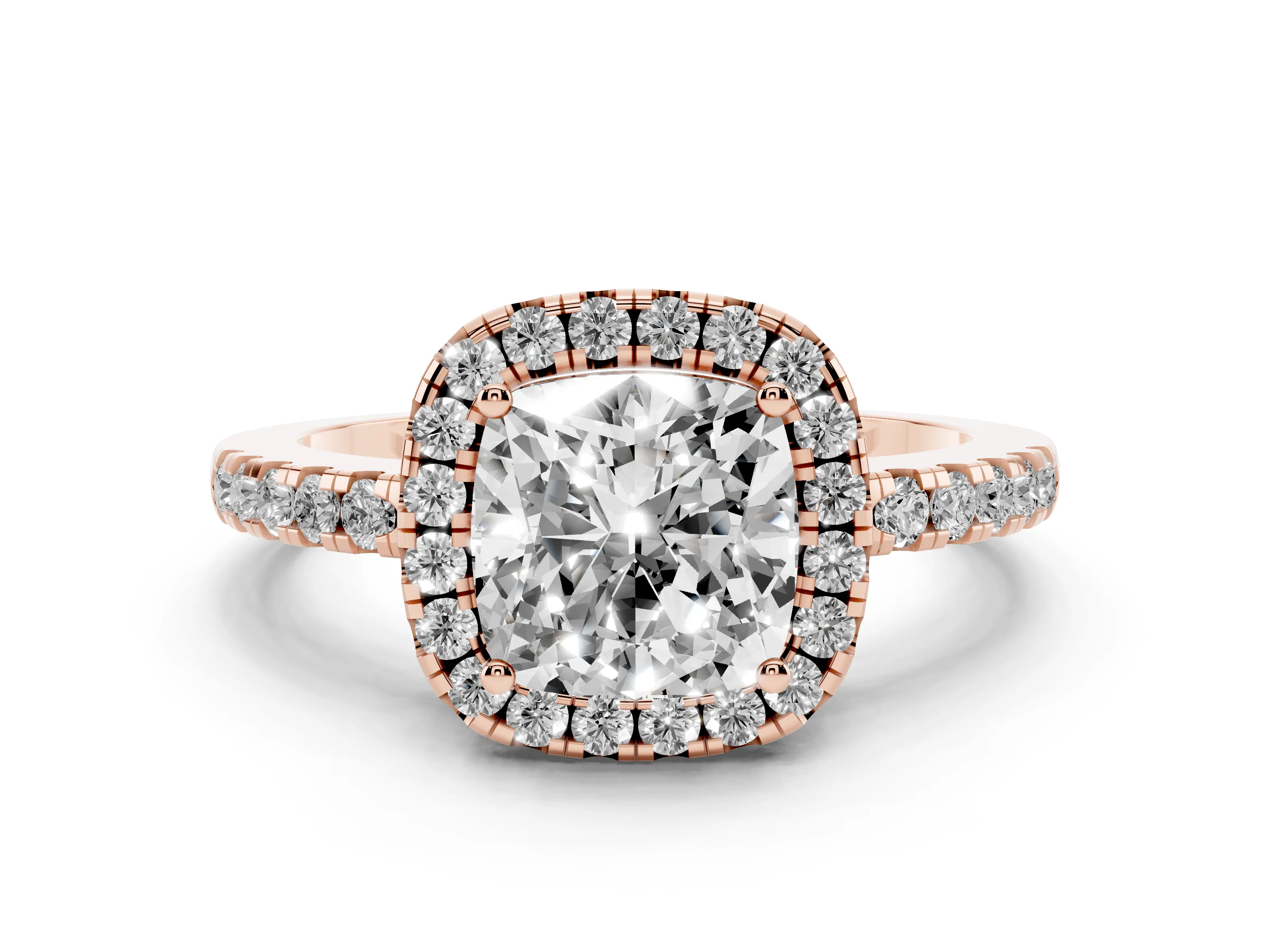Cushion Cut Diamond Pavé Band Halo Engagement Ring Set in Rose gold with Prong Setting