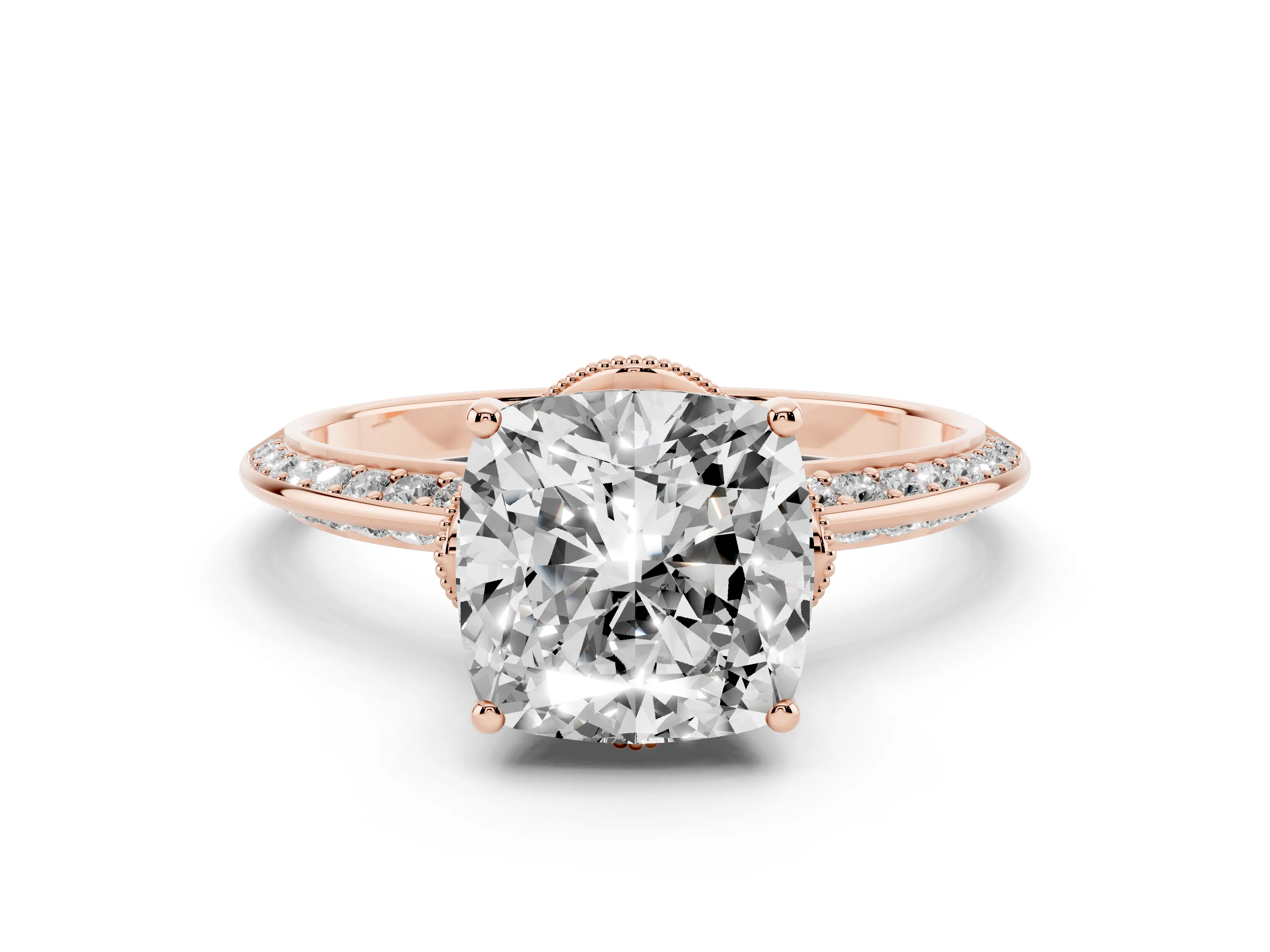 Cushion Cut Diamond Solitaire Engagement Ring Set in Rose gold with Pavé Split Shank and Prong Setting