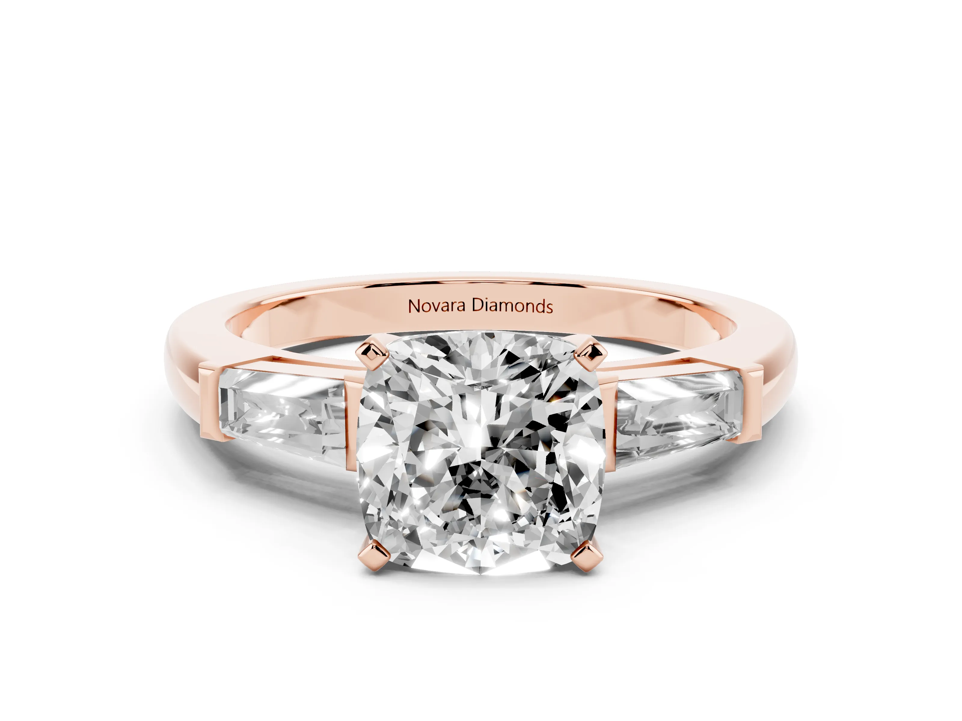 Cushion Cut Diamond Solitaire Ring Set in Rose gold with Tapered Baguette Side Stones and Prong Setting
