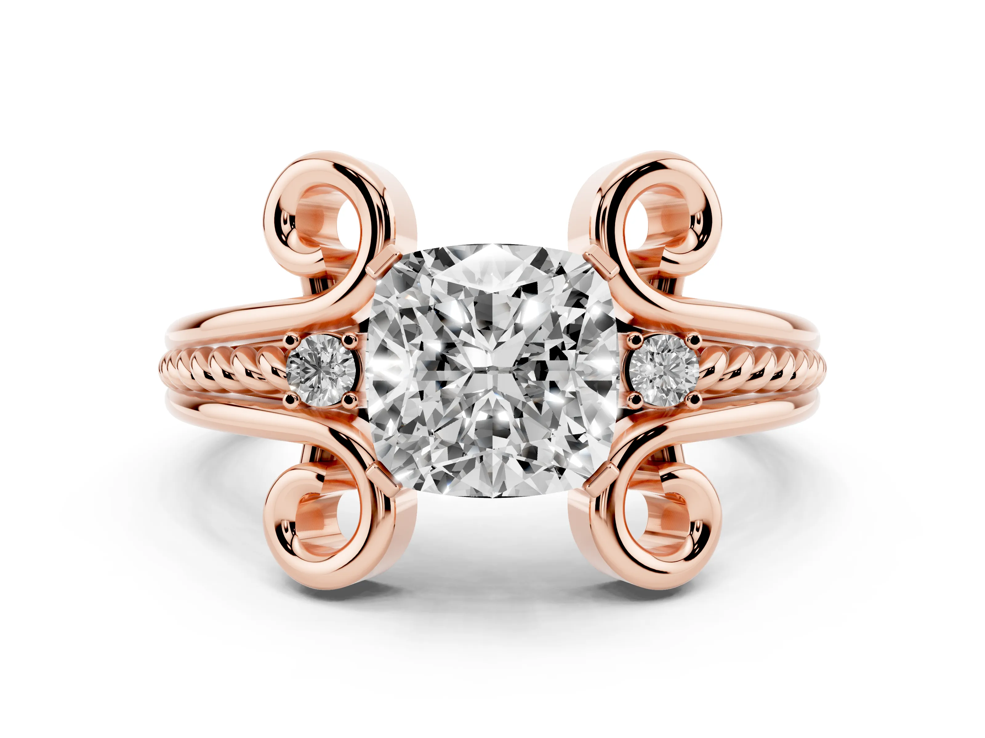 Cushion Cut Diamond Twisted Band Solitaire Ring Set in Rose gold with Scroll Prongs