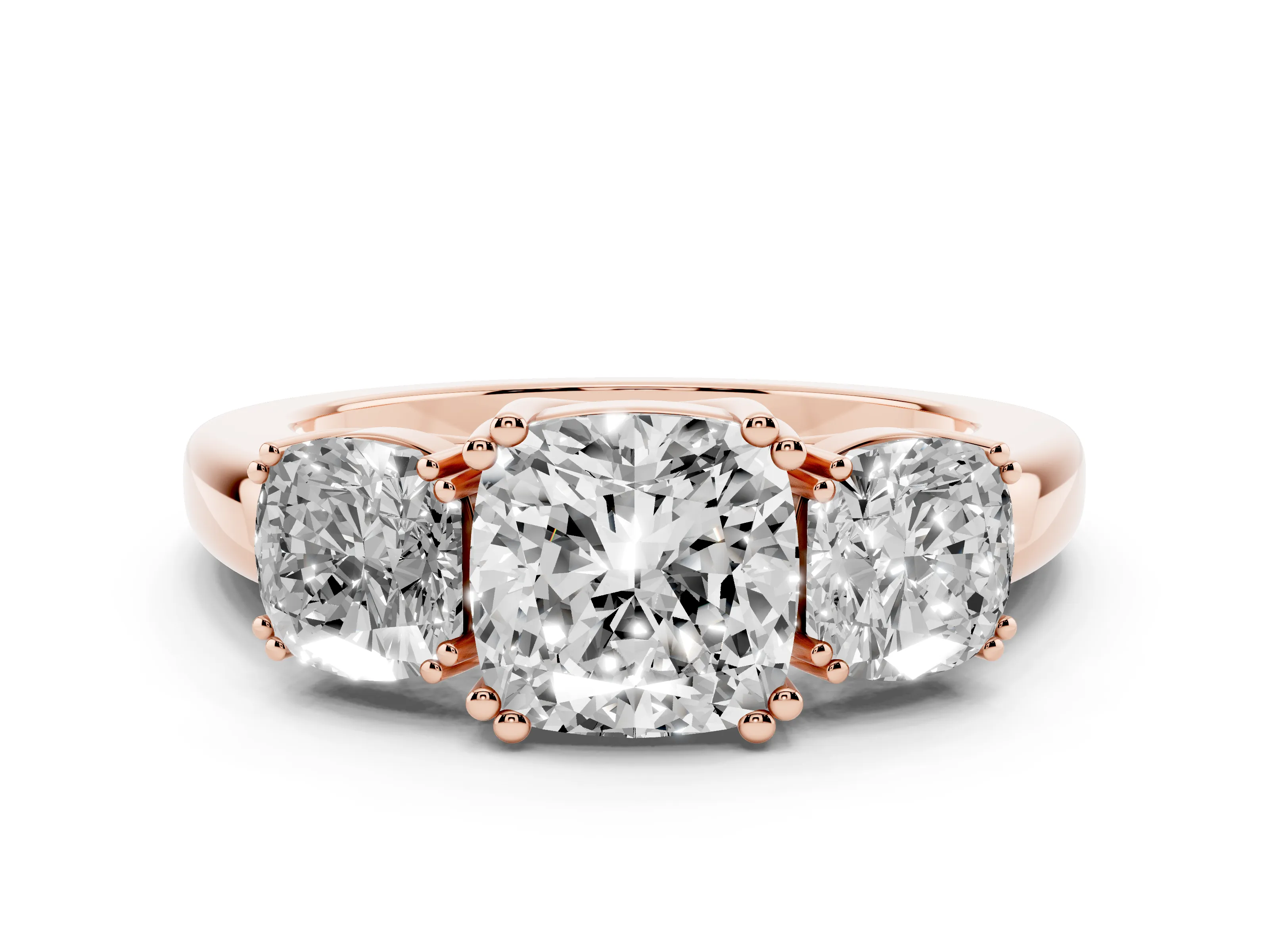 Cushion Cut Diamond Three-Stone Ring Set in Rose gold with Polished Band and Prong Setting
