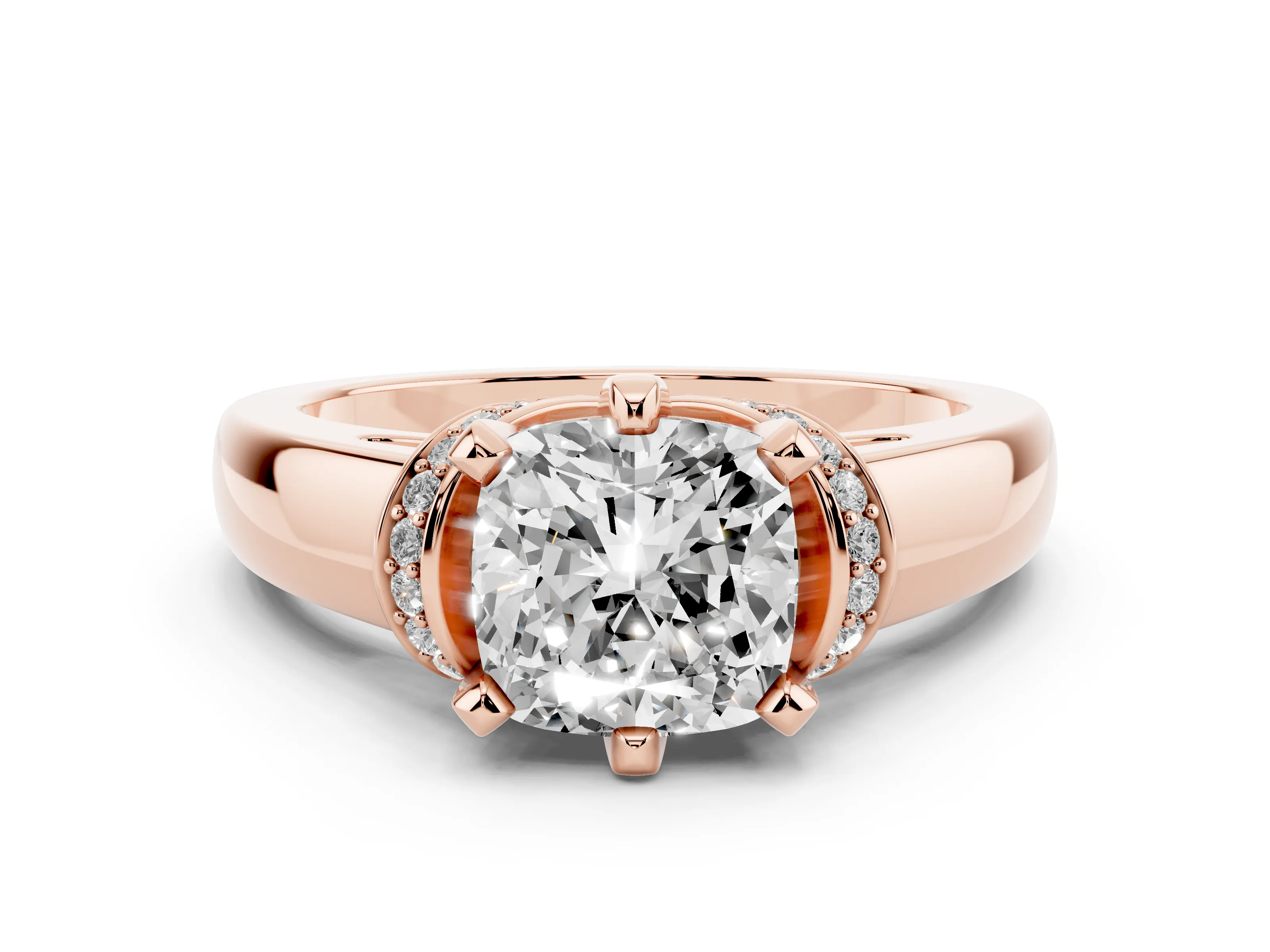 Cushion Cut Diamond Pavé Band Solitaire Ring Set in Rose gold with Prong Setting