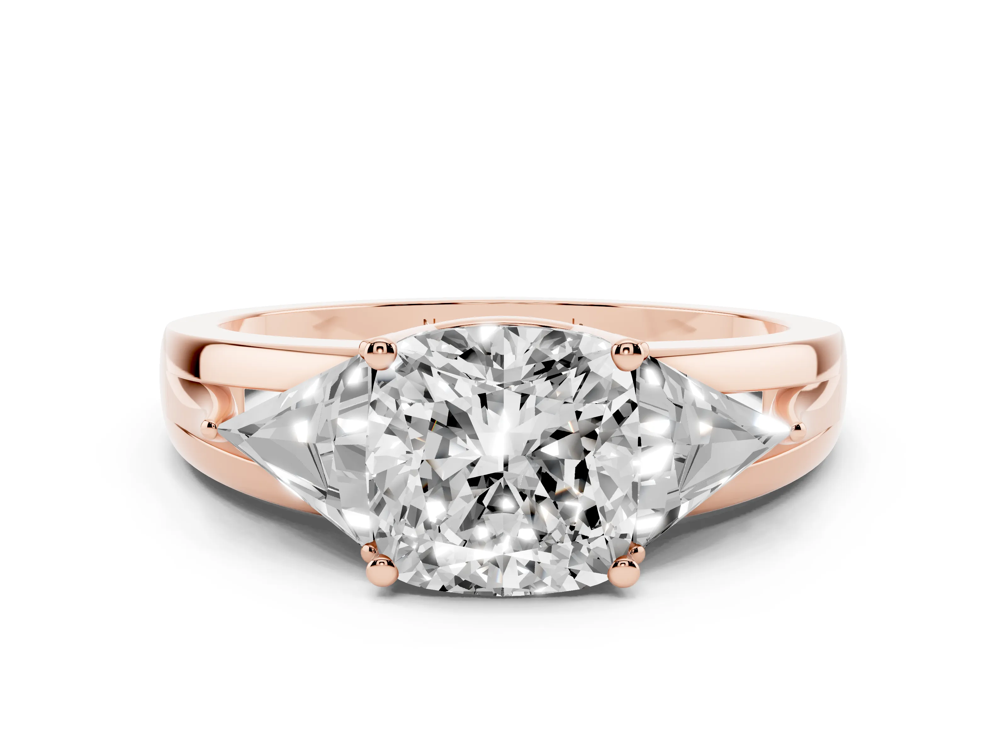 Cushion Cut Diamond Three-Stone Ring Set in Rose gold with Trillion Side Stones and Split Shank
