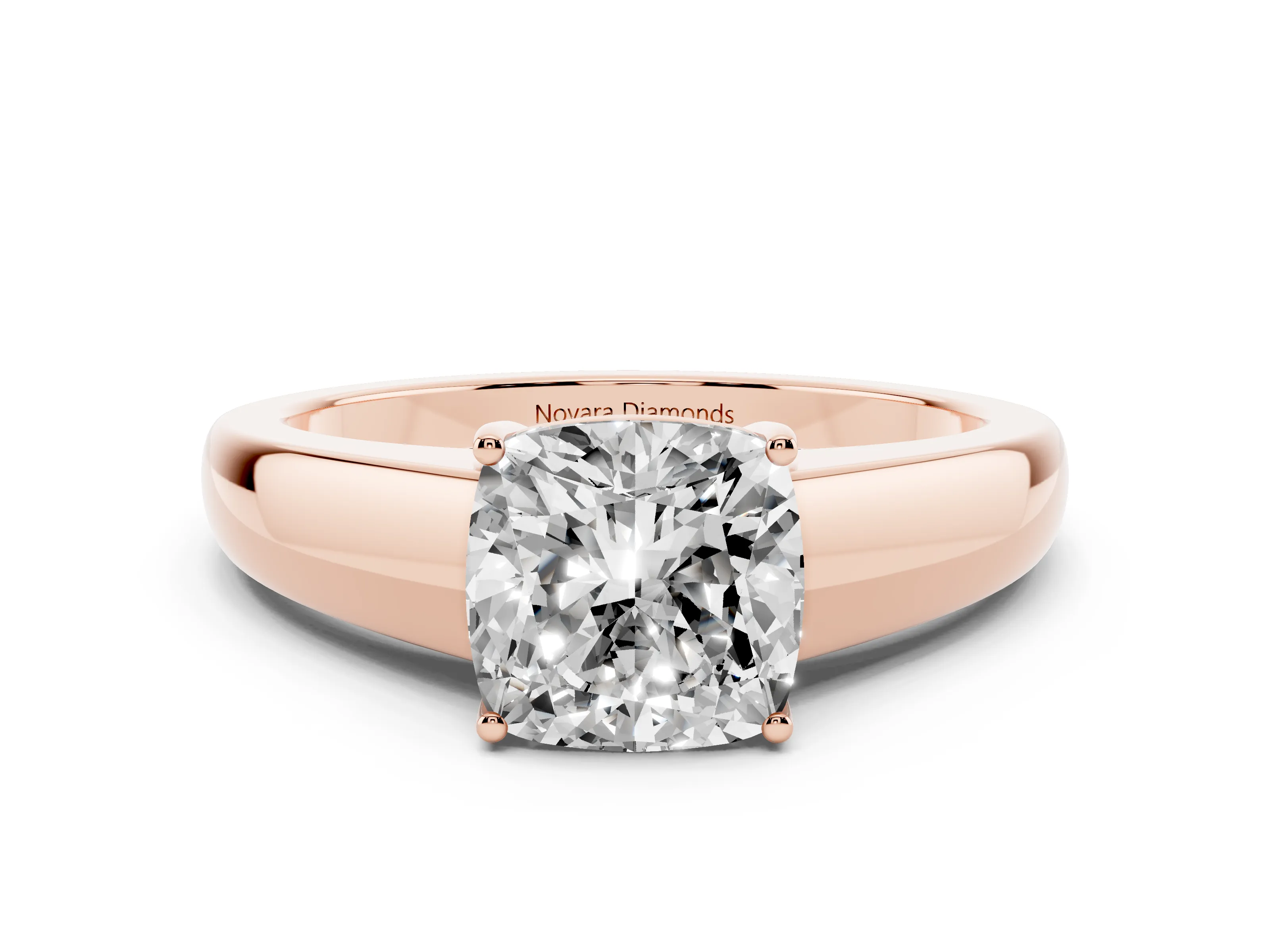 Cushion Cut Diamond Solitaire Ring Set in Rose gold with Tapered Band and Prong Setting