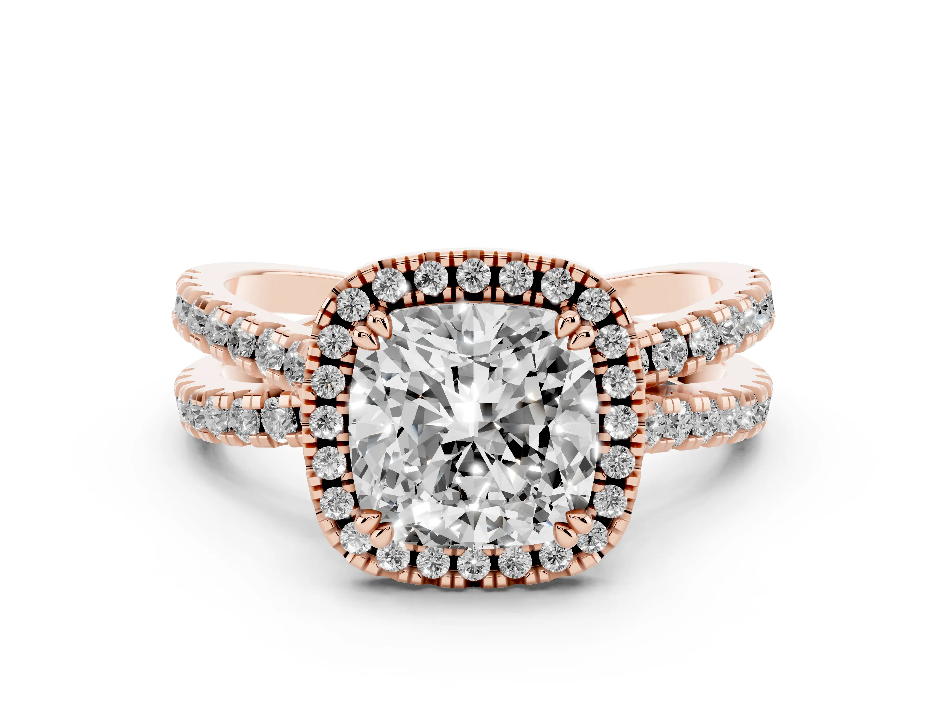 Cushion Cut Diamond Halo Split Shank Ring Set in Rose gold with Pavé Setting