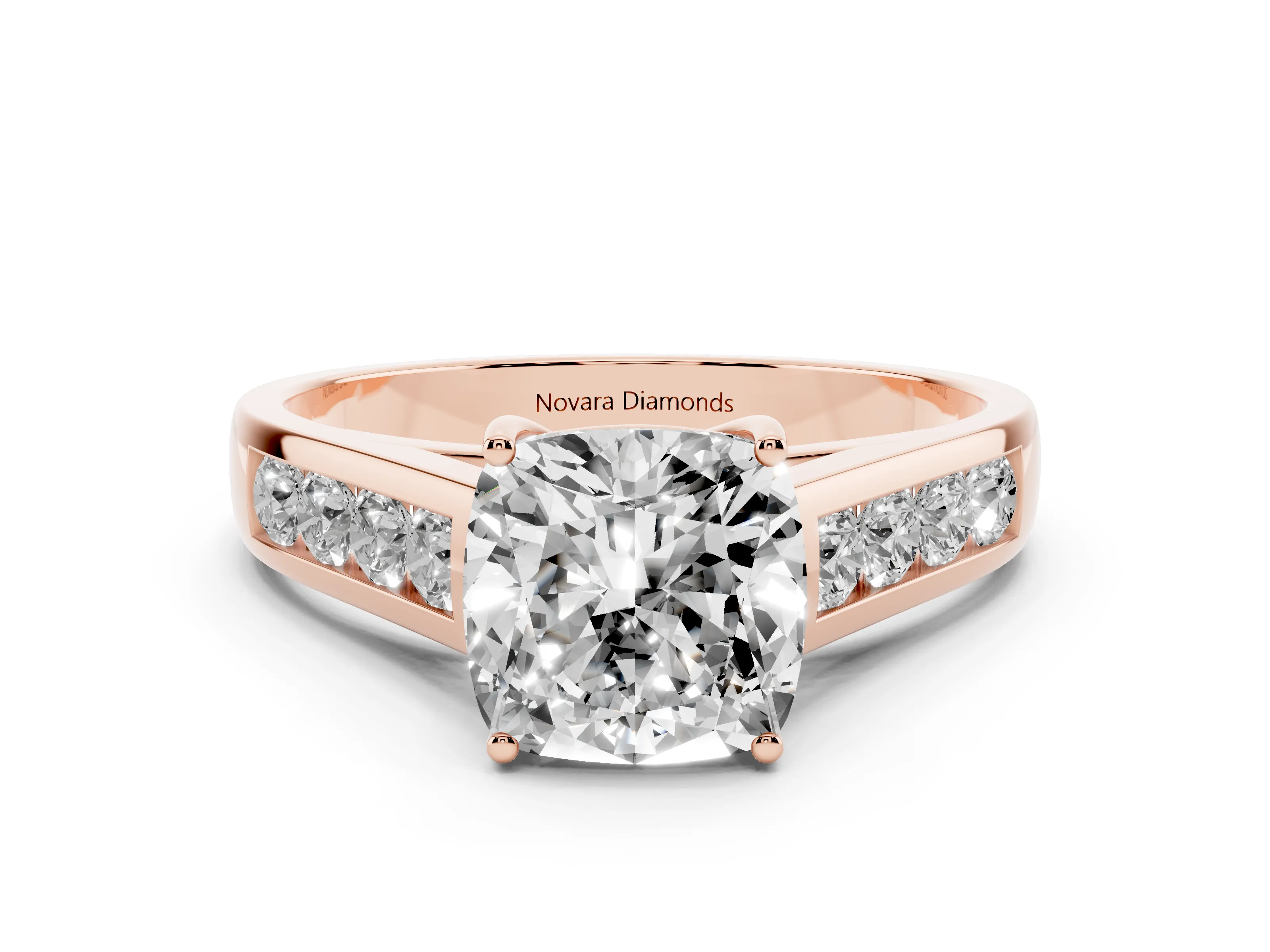 Cushion Cut Diamond Brilliant Channel-Set Solitaire Ring Set in Rose gold with Prong Setting