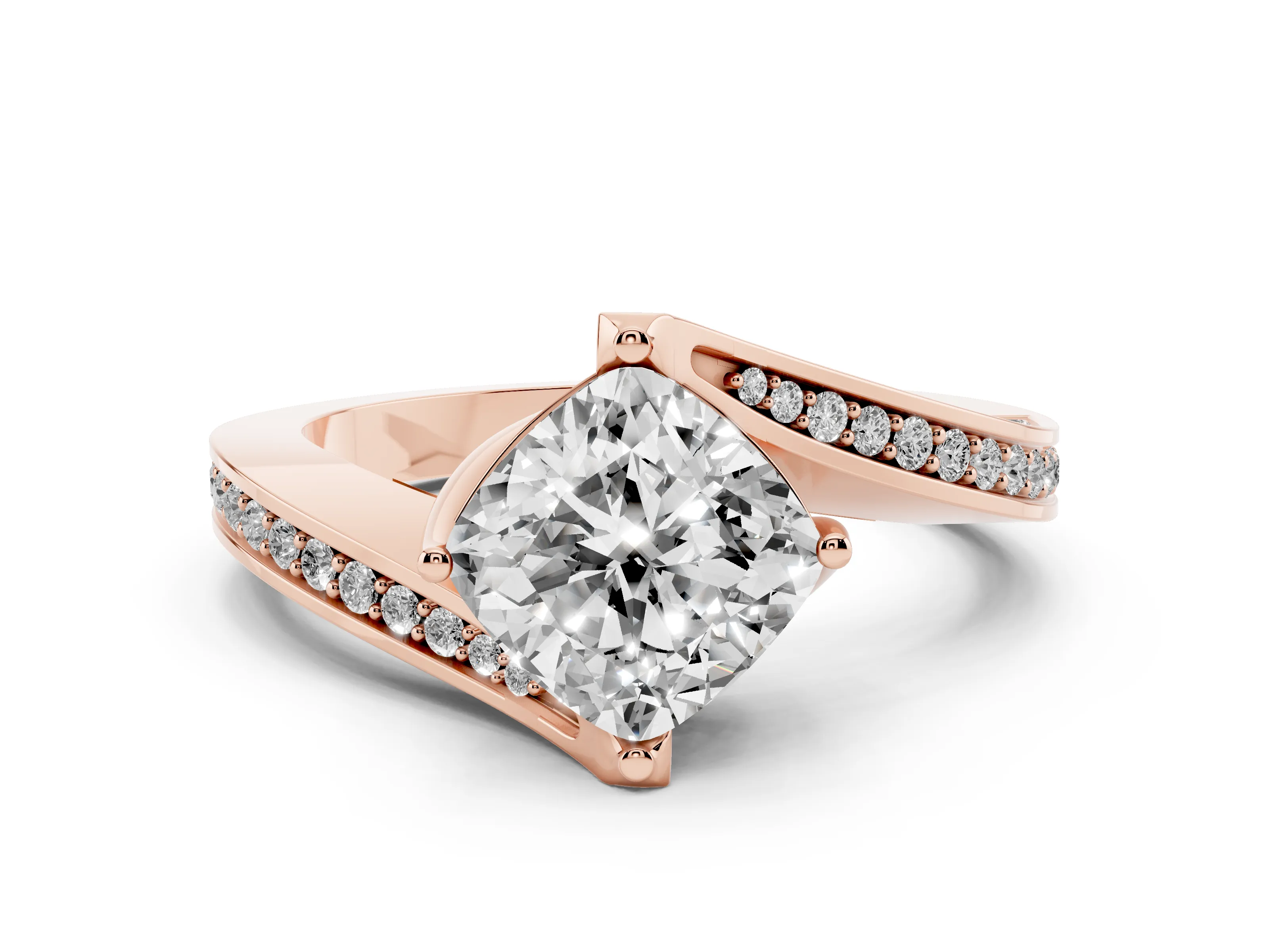 Cushion Cut Diamond Solitaire Ring Set in Rose gold with Intertwined Pavé Twist Band