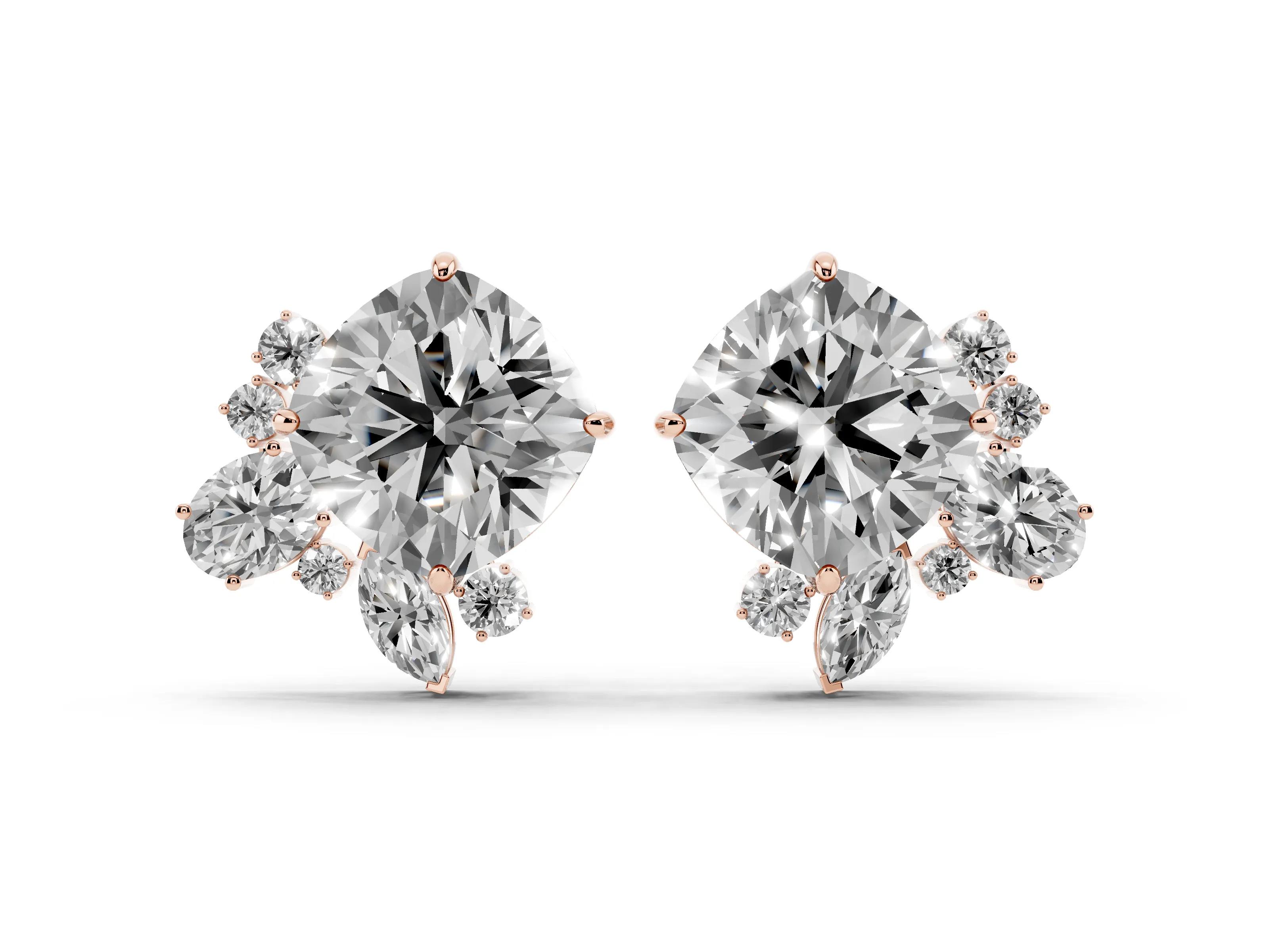 Cushion Cut Lab-Grown Diamond Asymmetric Cluster Stud Earrings | Mixed-Shape Spray | Rose Gold