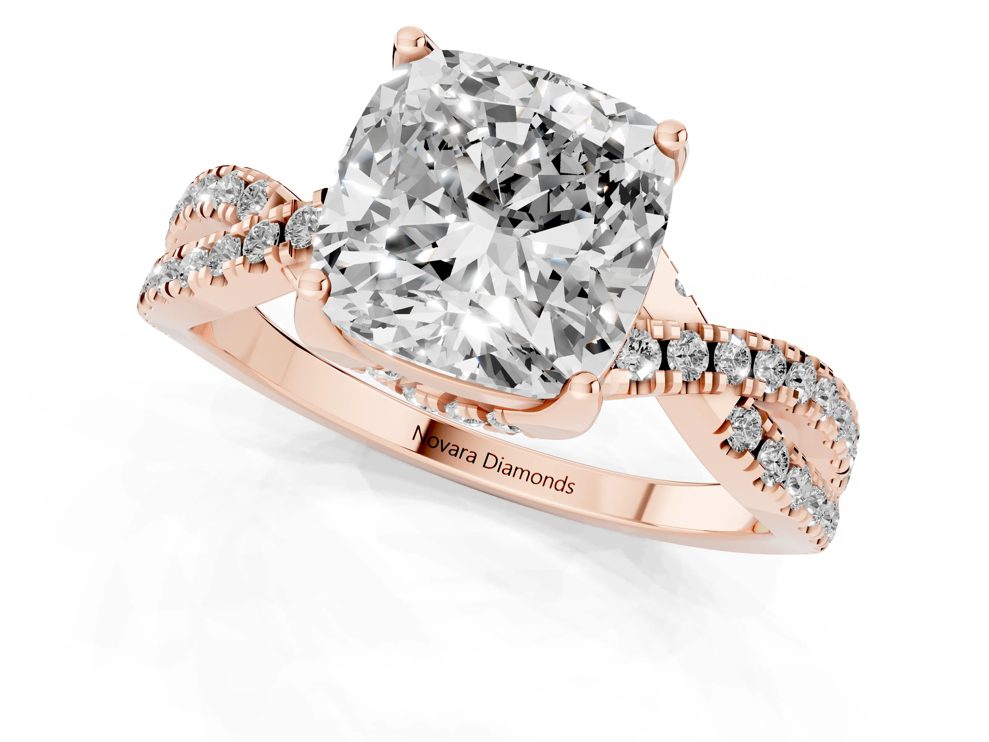 Cushion Cut Diamond Twist Pavé Solitaire Engagement Ring Set in Rose gold with Prong Setting