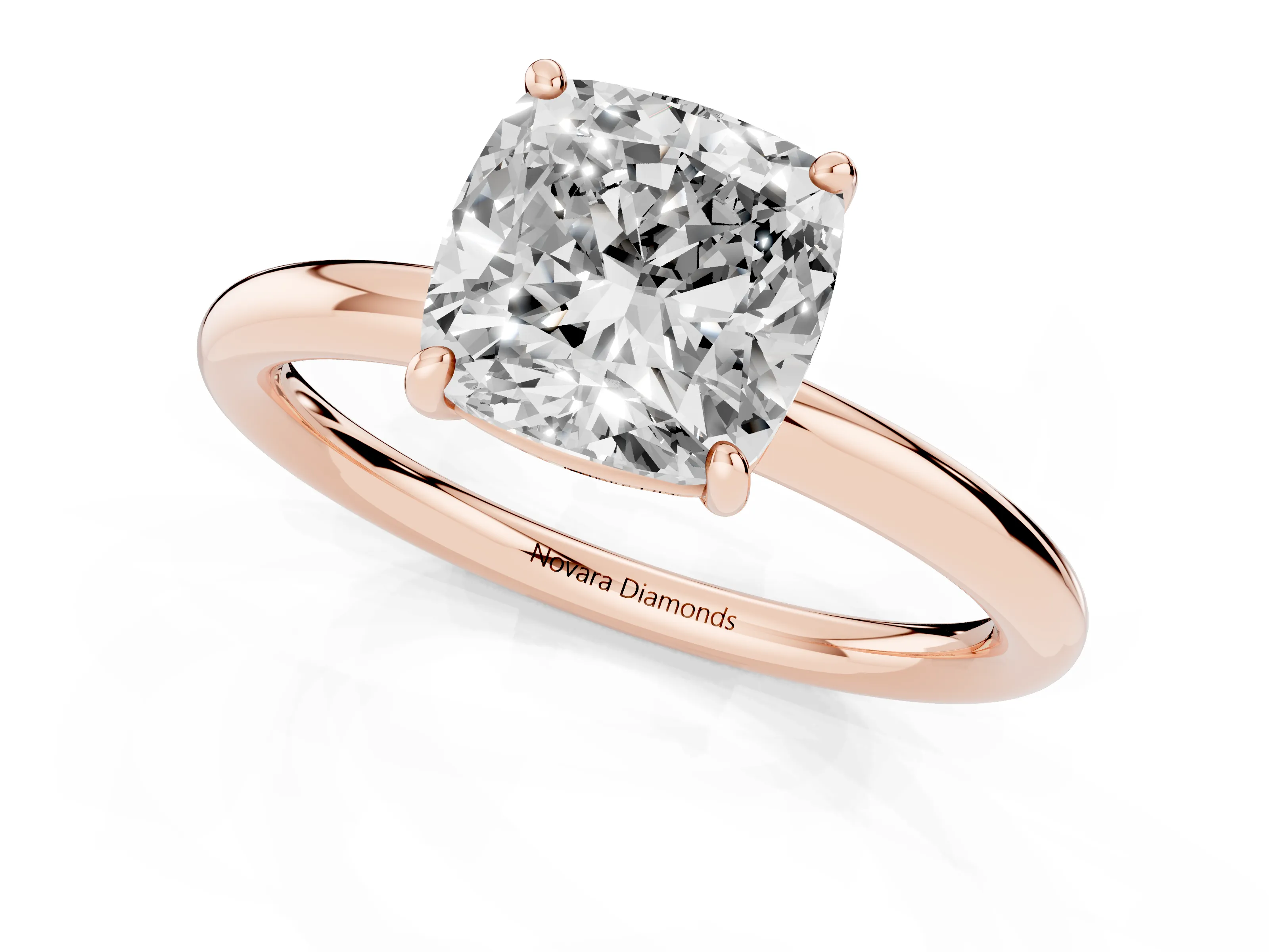 Cushion Cut Diamond Solitaire Ring Set in Rose gold with Prong Setting on a Polished Plain Band