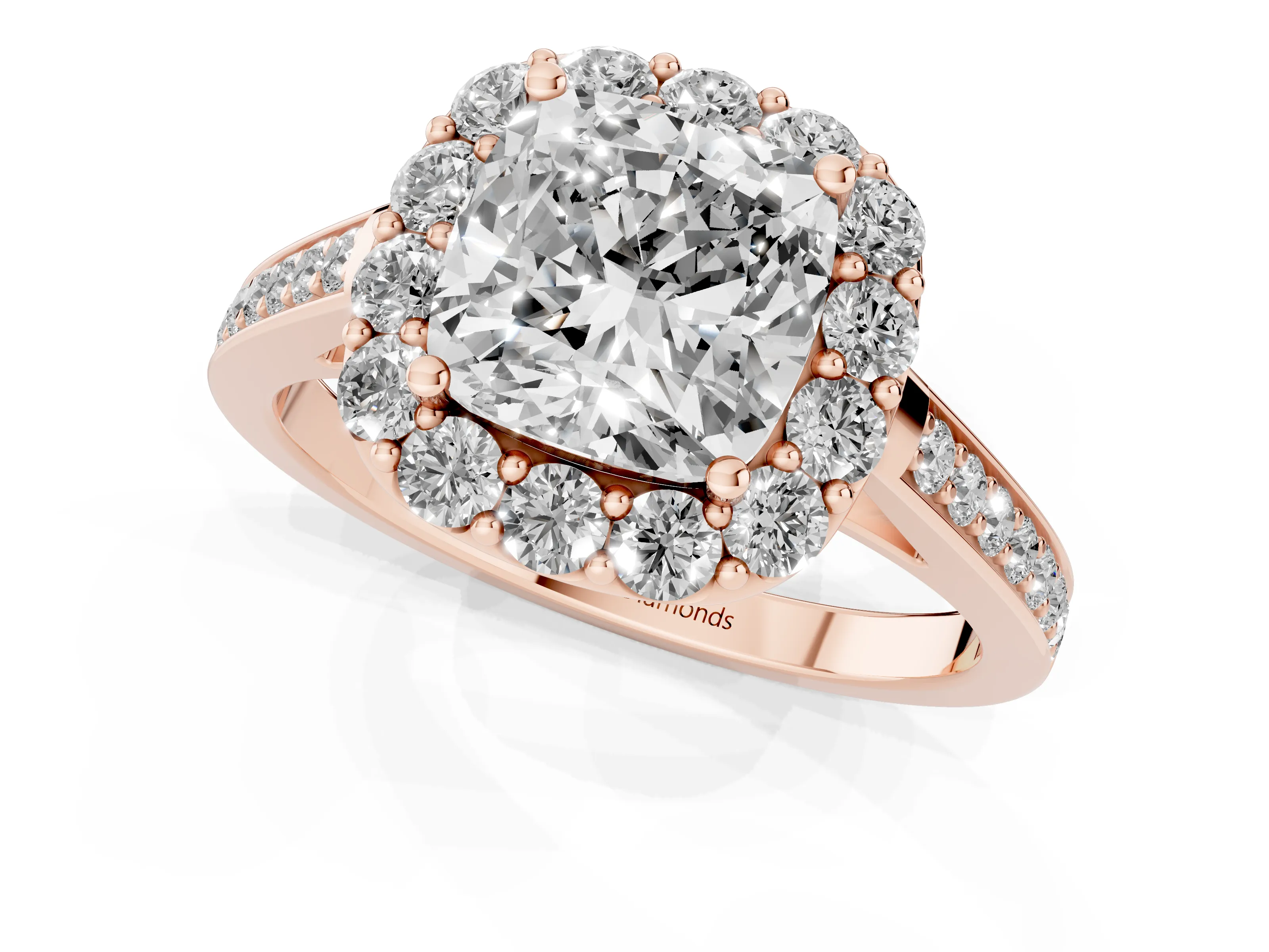 Cushion Cut Diamond Floral Halo Ring Set in Rose gold with Pavé Band and Prong Setting