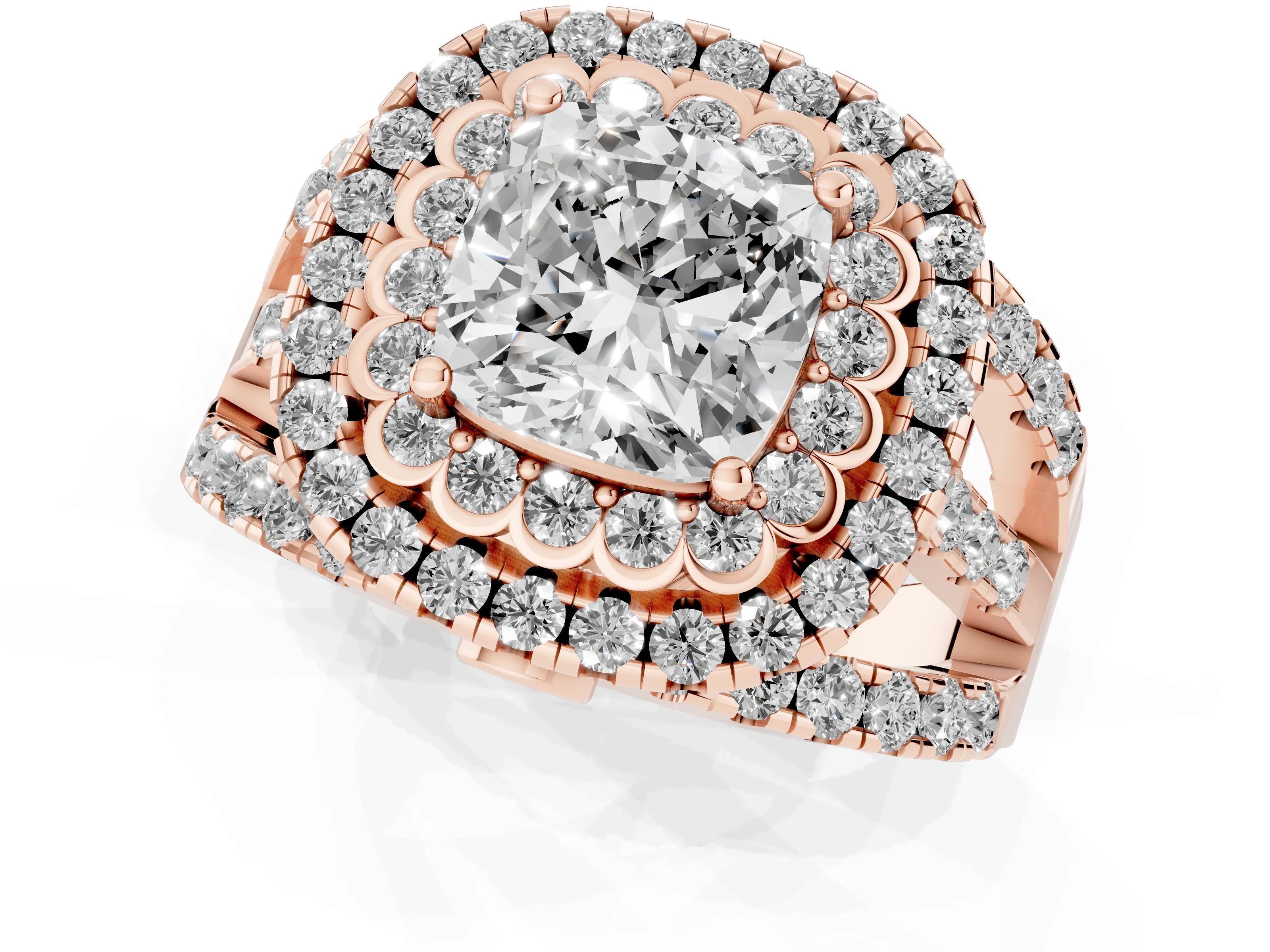Cushion Cut Diamond Double Halo Ring Set in Rose gold with Round Pavé Split Shank