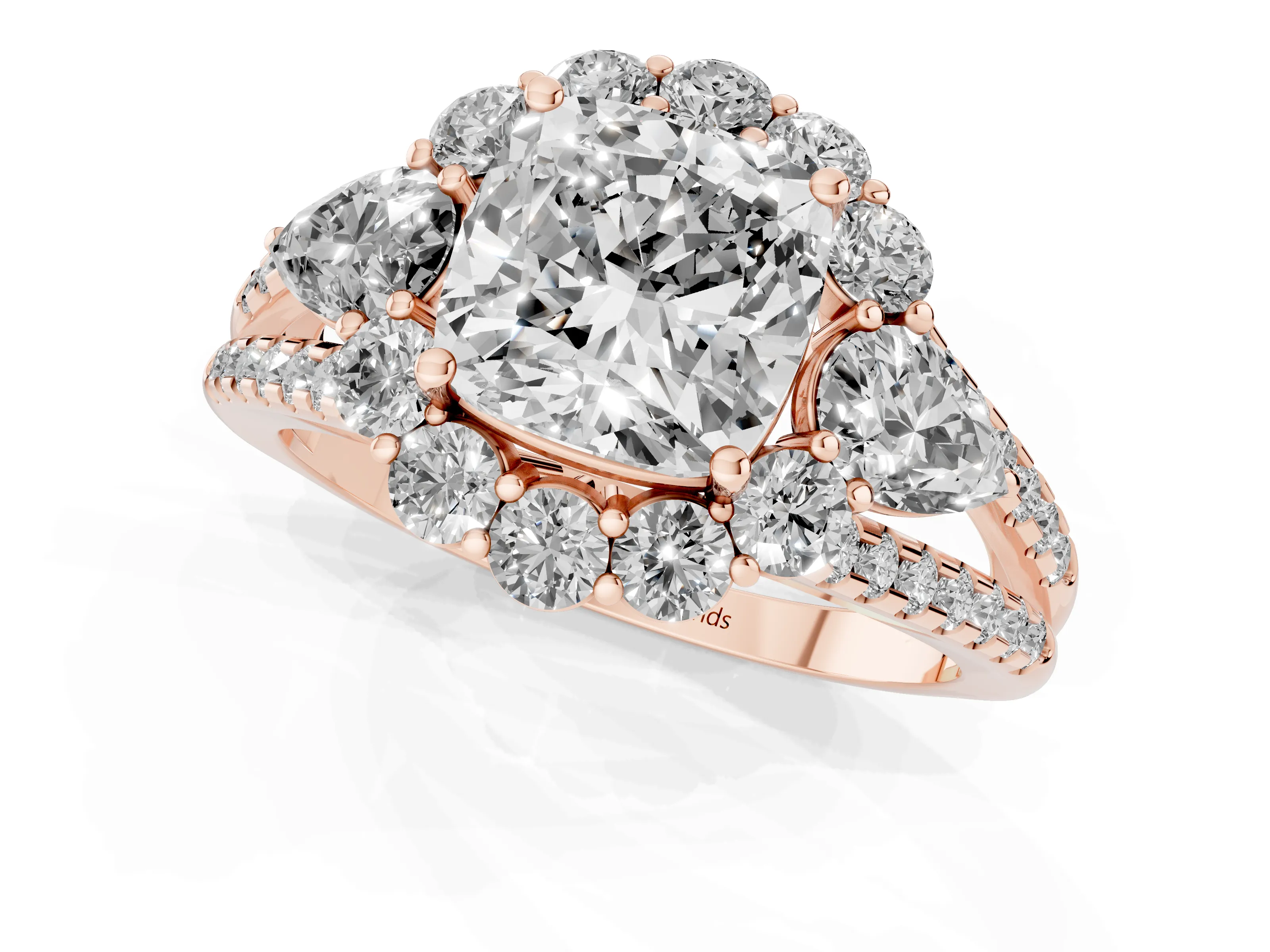 Cushion Cut Diamond Halo Split Shank Engagement Ring Set in Rose gold with Prong-Held Center Stone