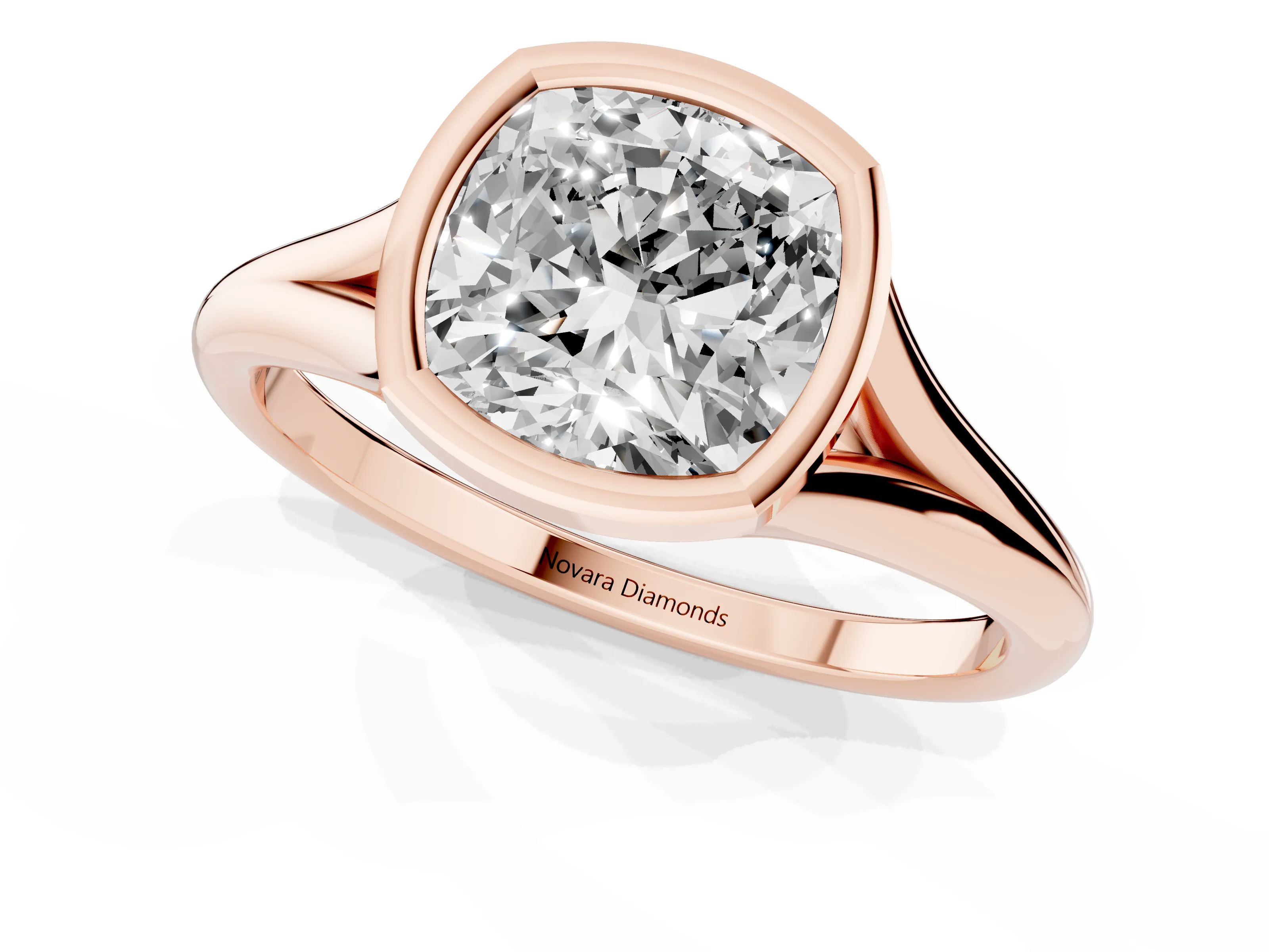 Bezel Set Cushion Cut Diamond Solitaire Ring Set in Rose gold with Tapered Band