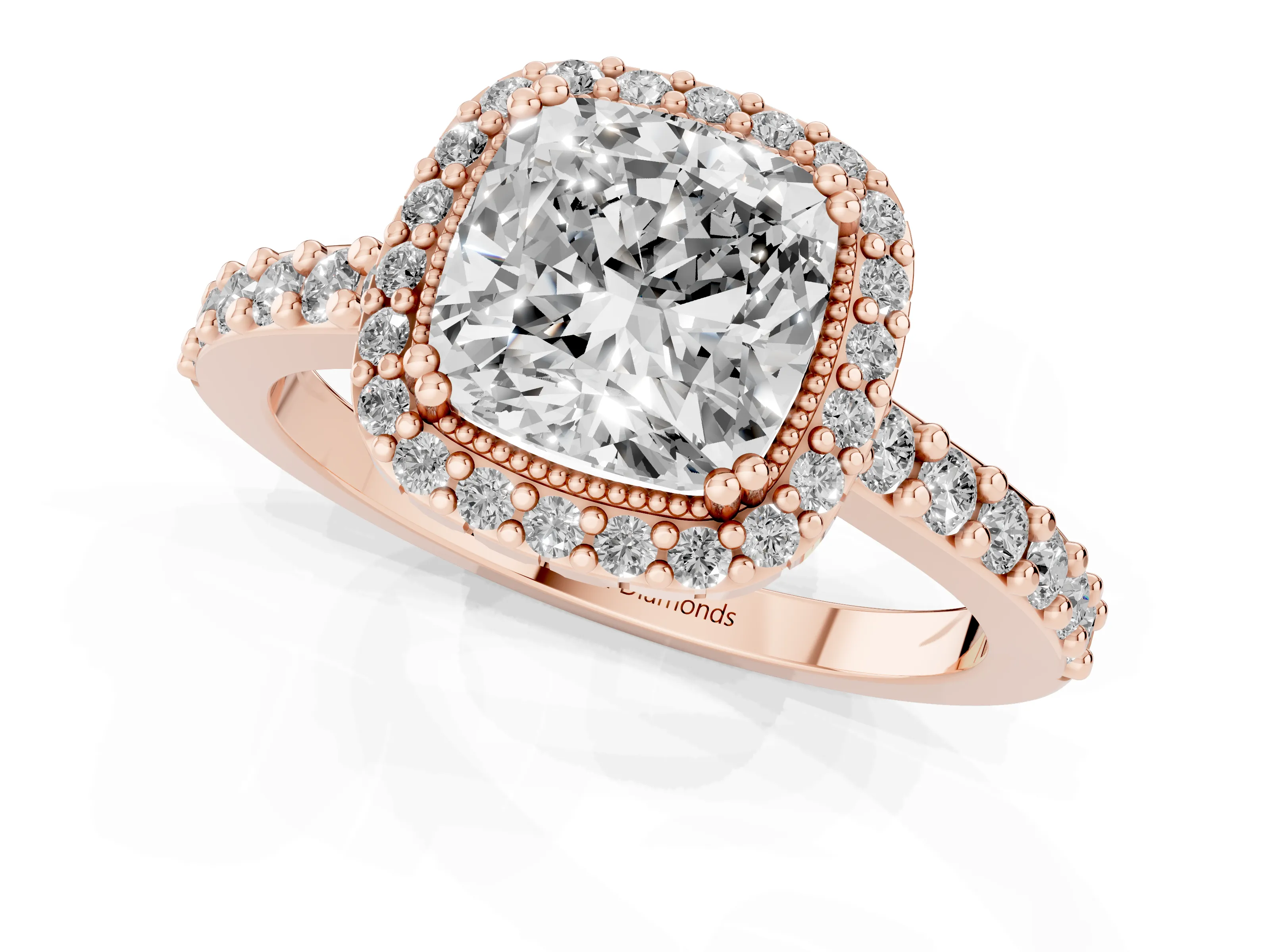 Cushion Cut Diamond Halo Engagement Ring Set in Rose gold with Milgrain Detail and Pavé Band