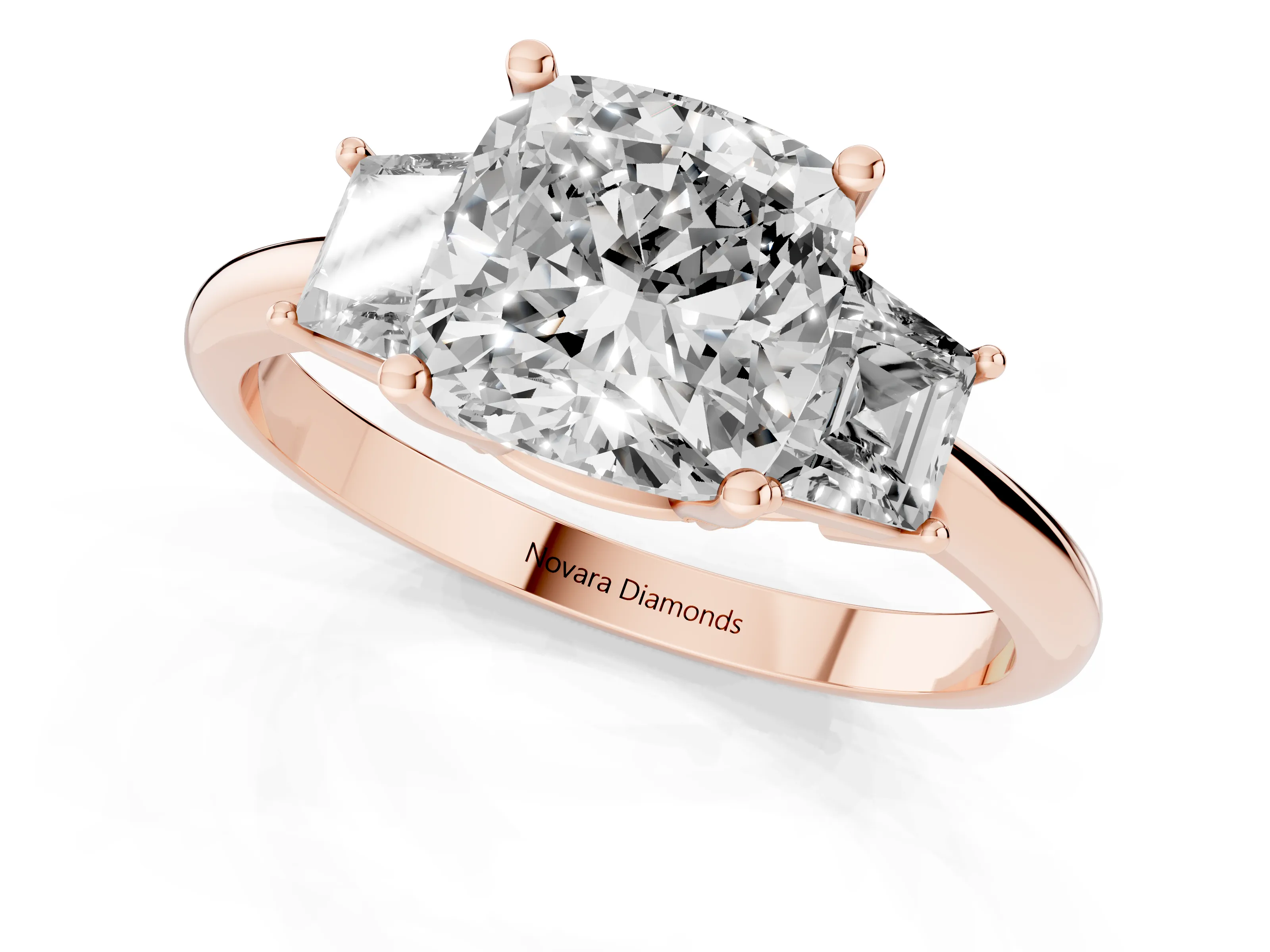Cushion Cut Diamond Three-Stone Ring Set in Rose gold with Trapezoid Side Stones and Prong Setting – second view