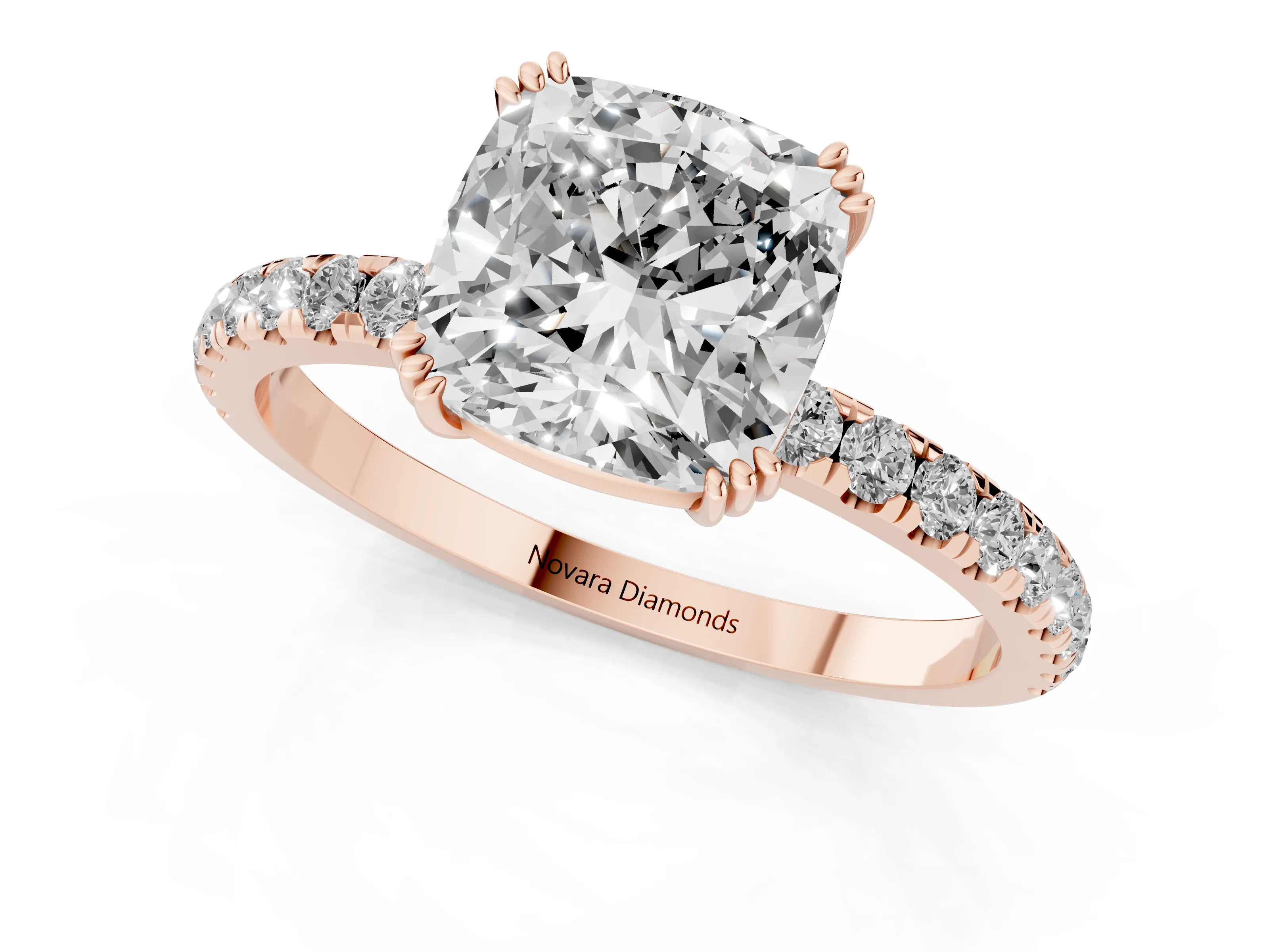 Cushion Cut Diamond Brilliant Solitaire Set in Rose gold with Pavé Band and Claw Prong Setting