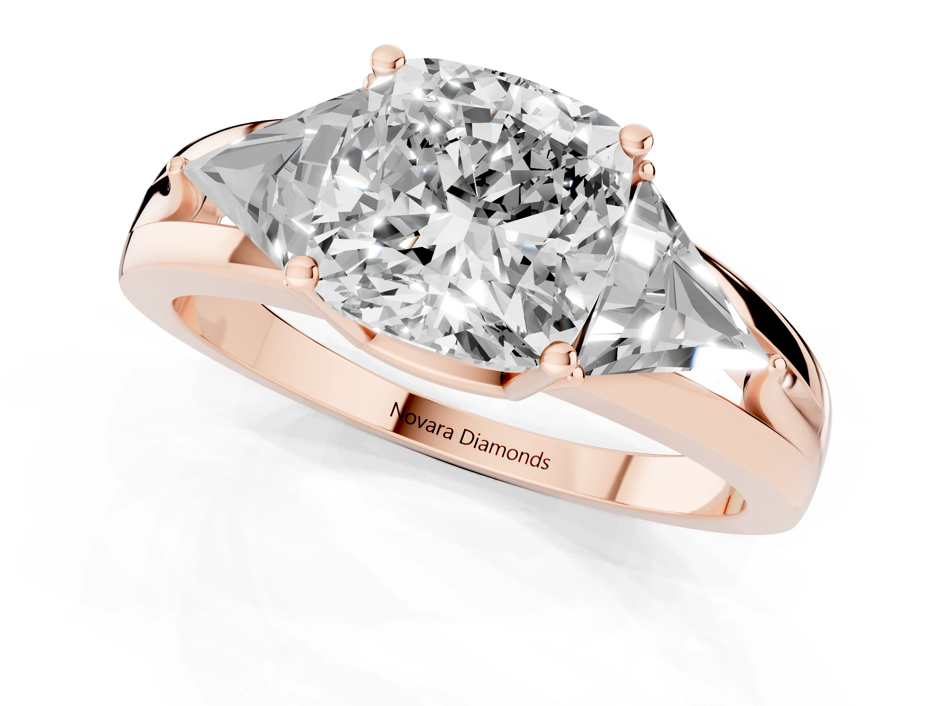 Cushion Cut Diamond Three-Stone Ring Set in Rose gold with Trillion Side Stones and Split Shank