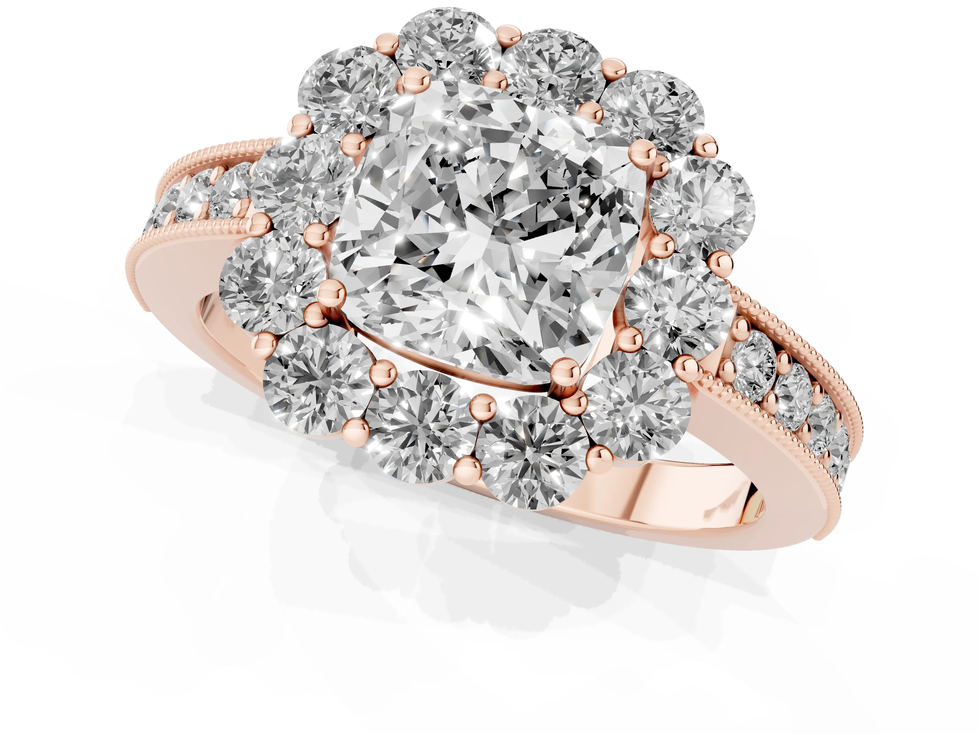Cushion Cut Diamond Halo Pavé Engagement Ring Set in Rose gold with Milgrain Detailing