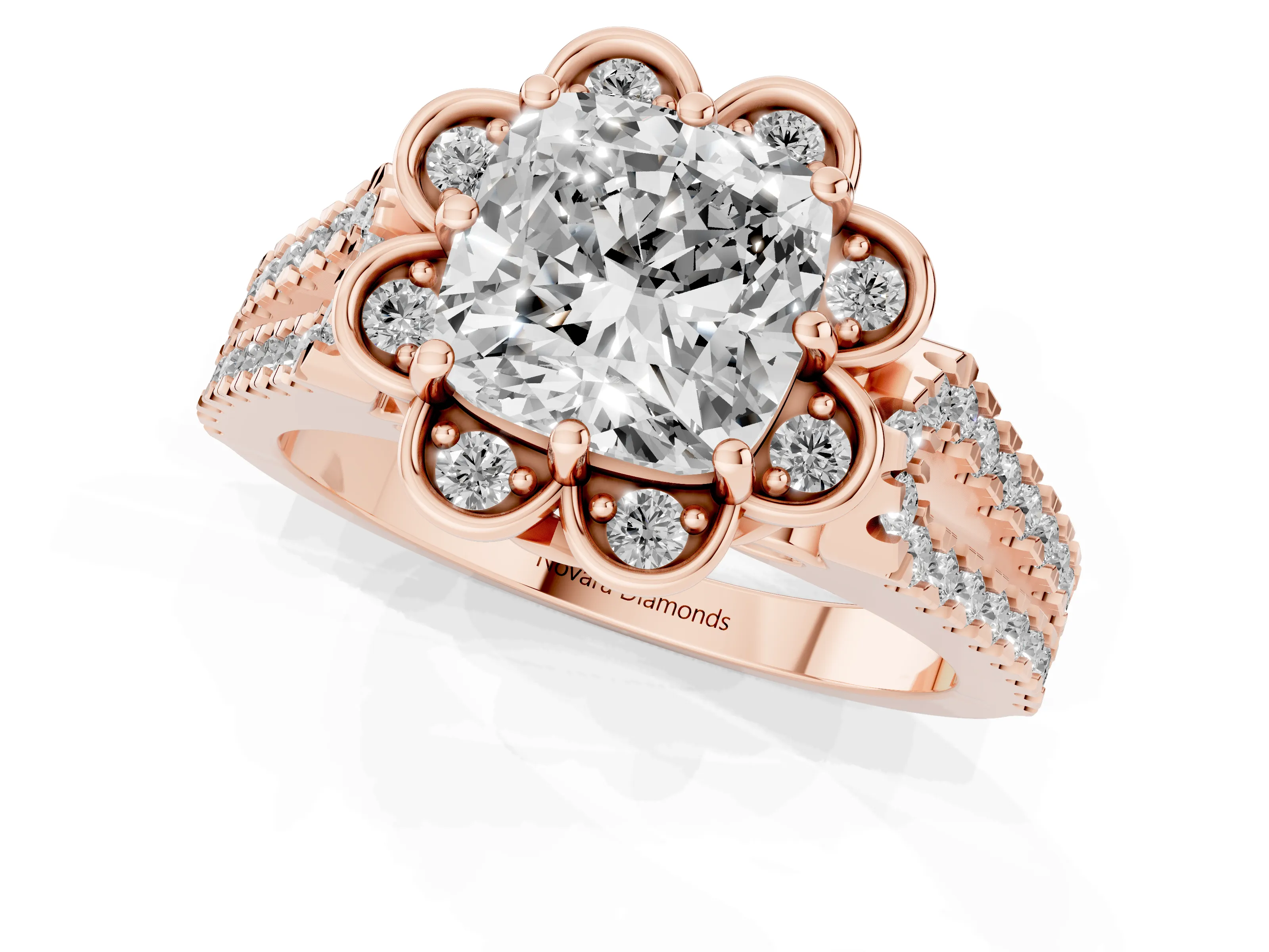 Cushion Cut Diamond Floral Halo Split Shank Engagement Ring Set in Rose gold with Pavé Shank