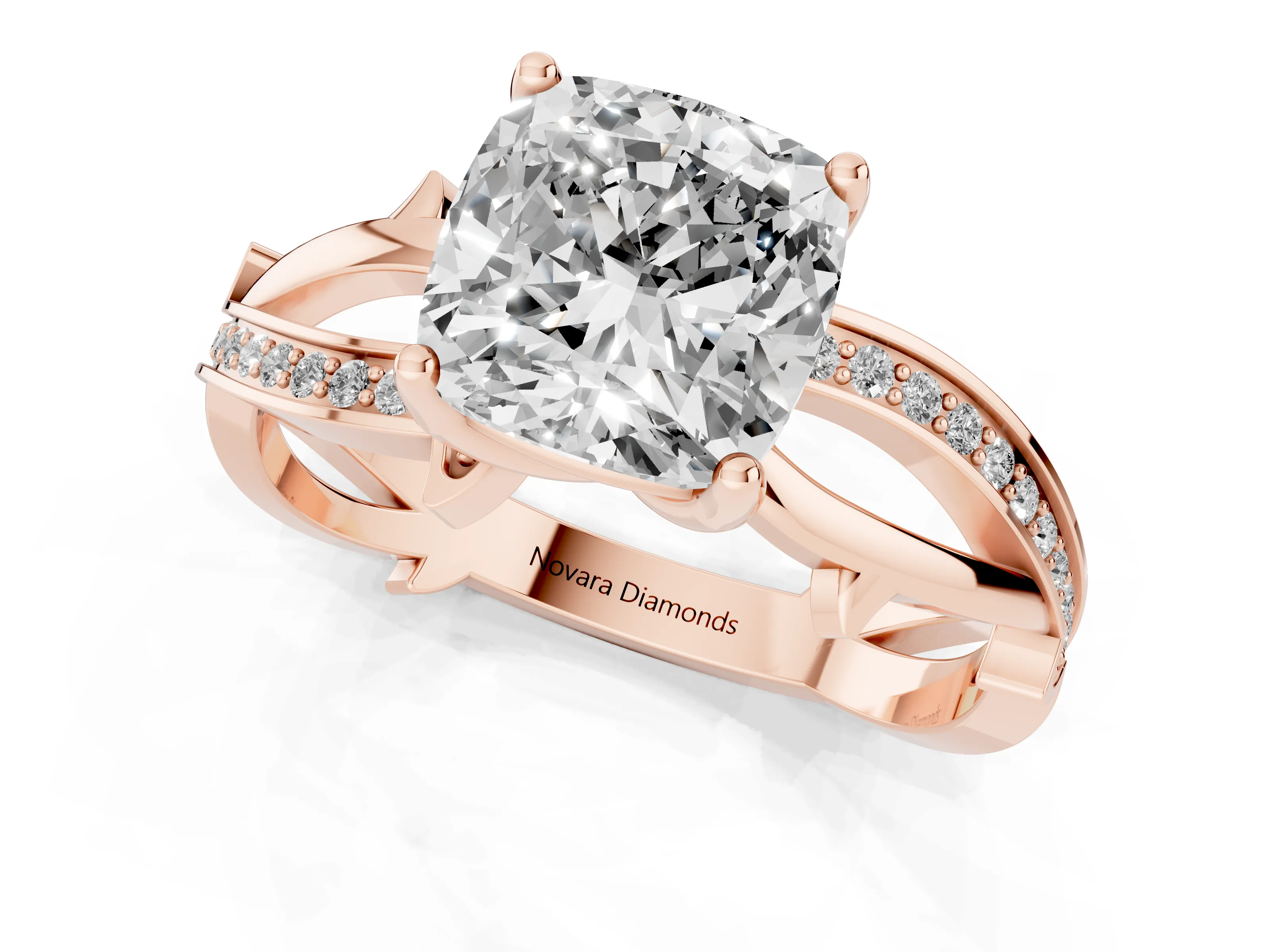 Cushion Cut Diamond Pavé Twist Band Solitaire Ring Set in Rose gold with Prong Setting – second view