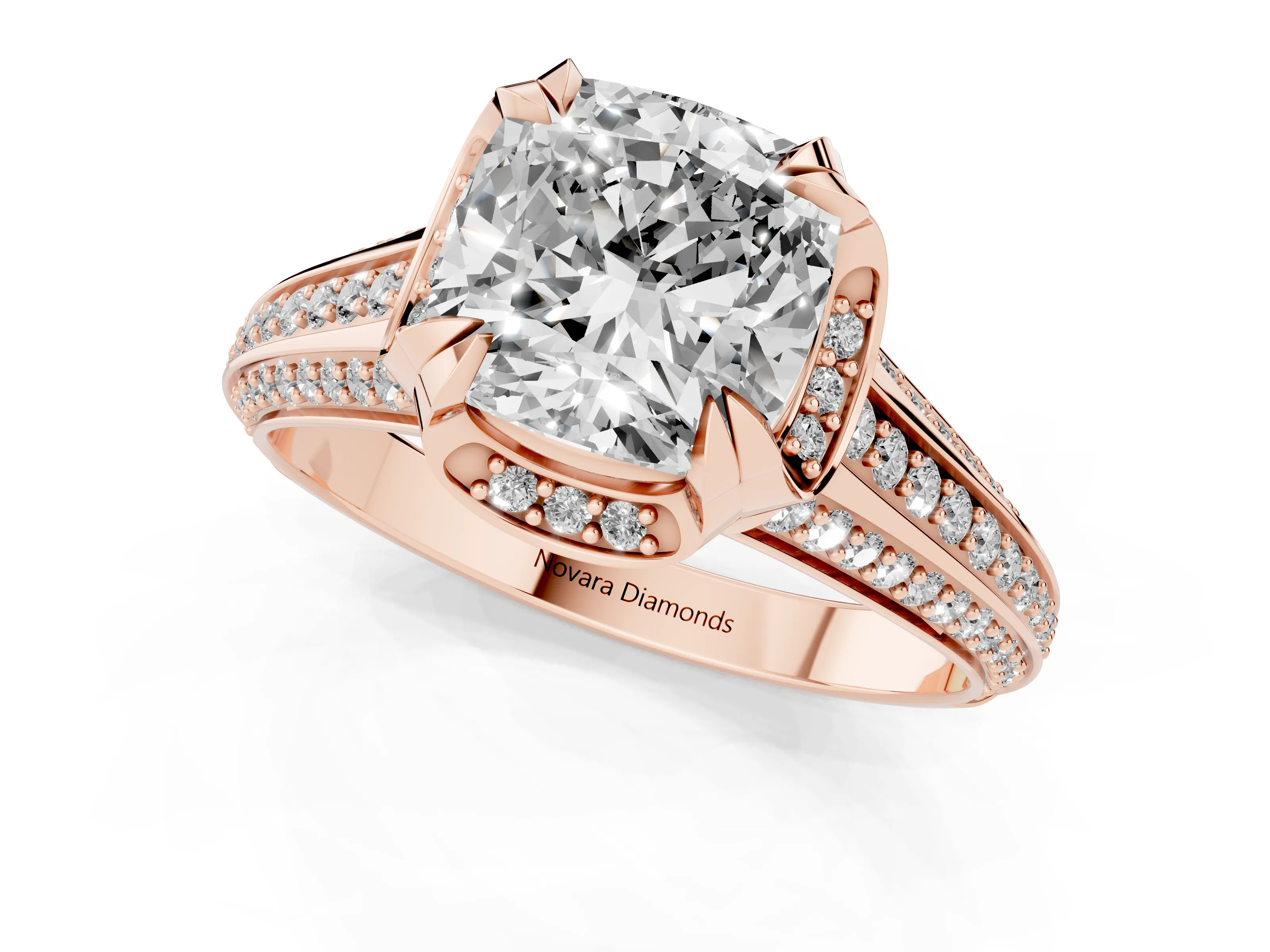 Cushion Cut Diamond Pavé Split Shank Solitaire Ring Set in Rose gold with Prong Setting