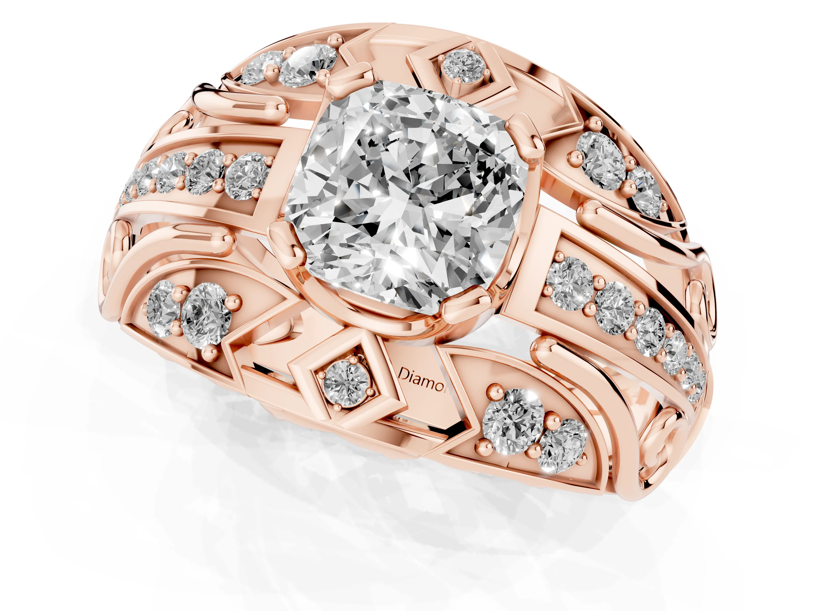 Cushion Cut Diamond Art Deco Ring Set in Rose gold with Pavé Split Shank