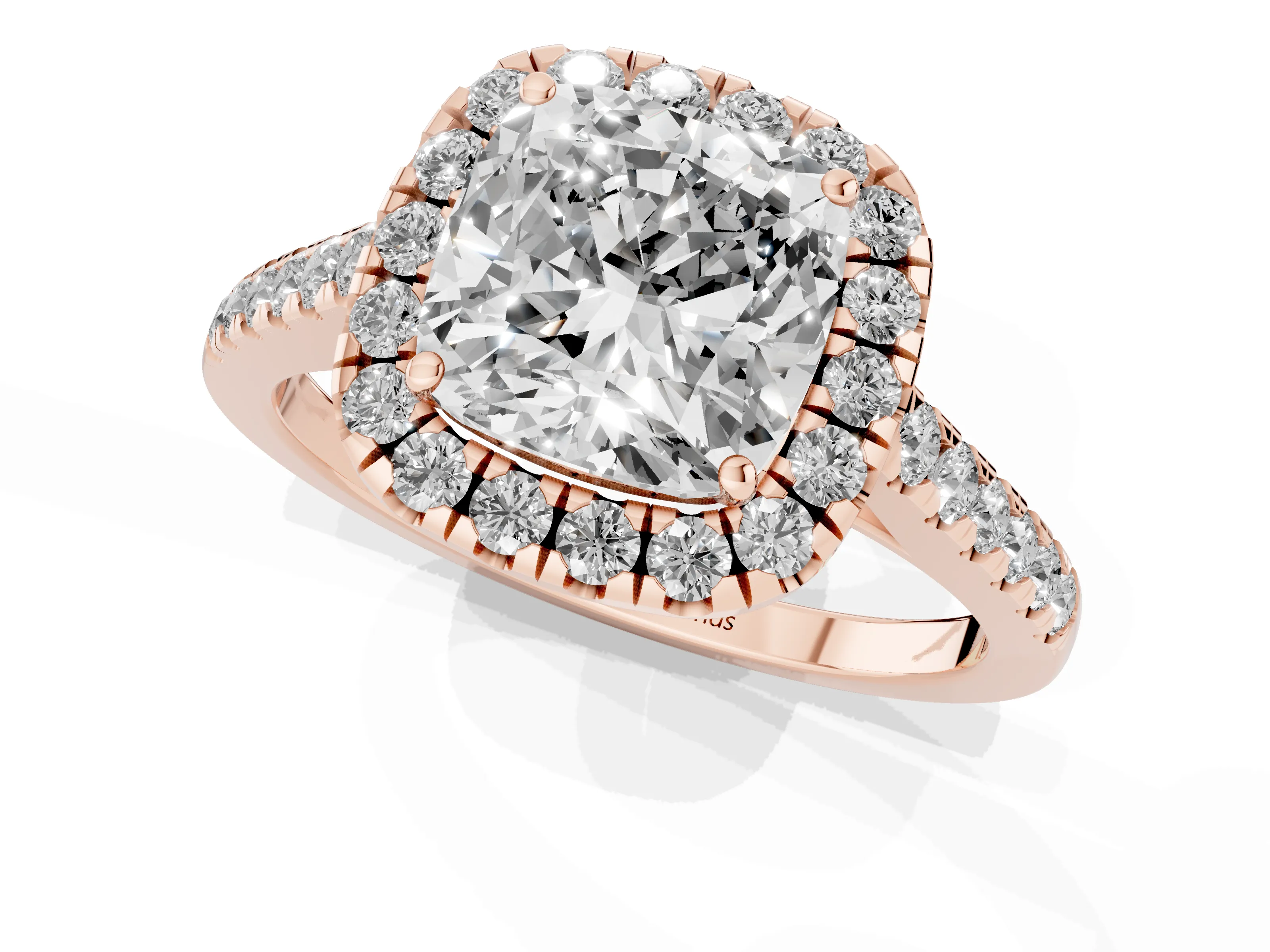 Cushion Cut Diamond Halo Pavé Engagement Ring Set in Rose gold with Prong Setting