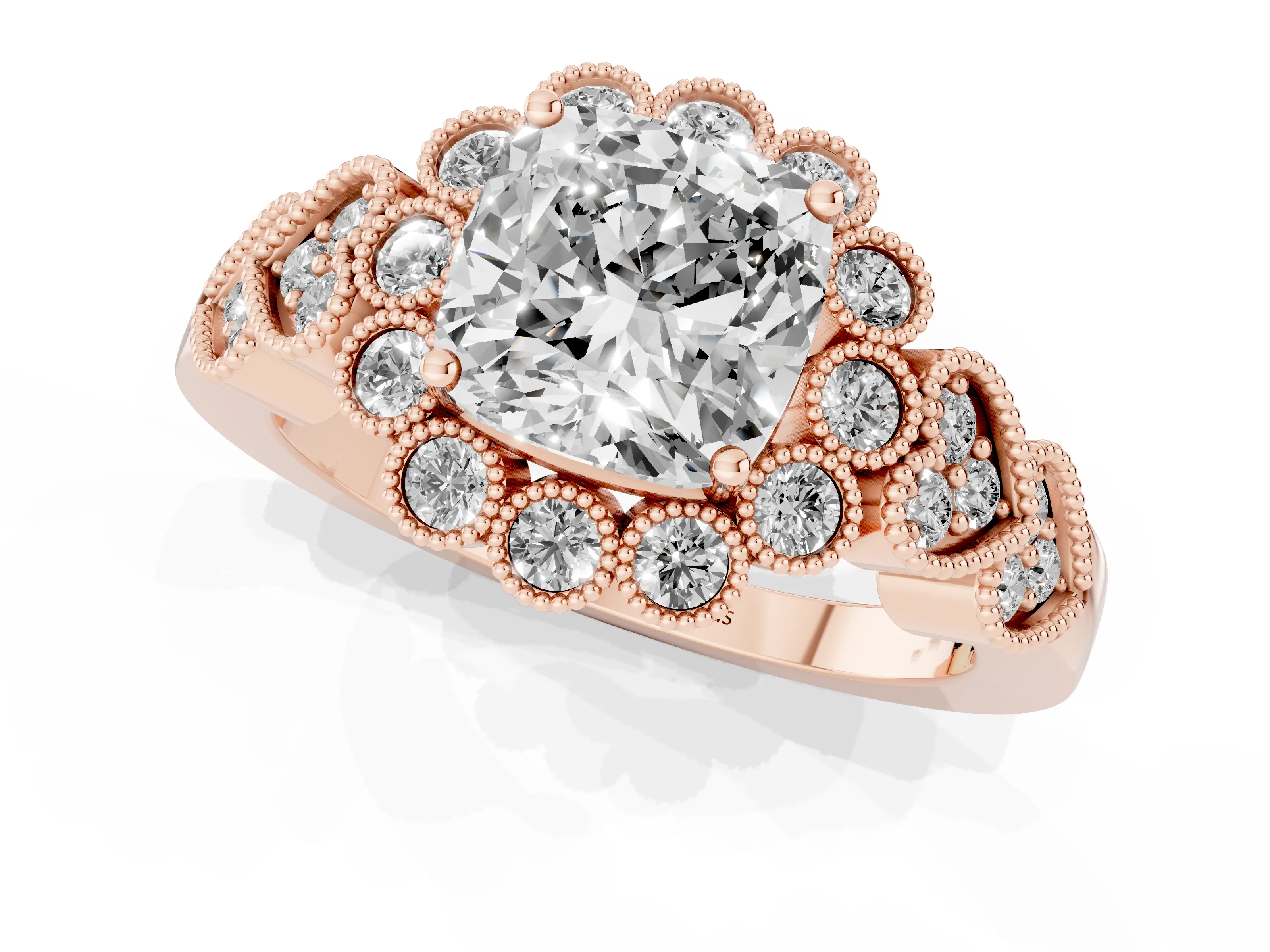 Cushion Cut Diamond Solitaire Ring Set in Rose gold with Milgrain Pavé Heart Band