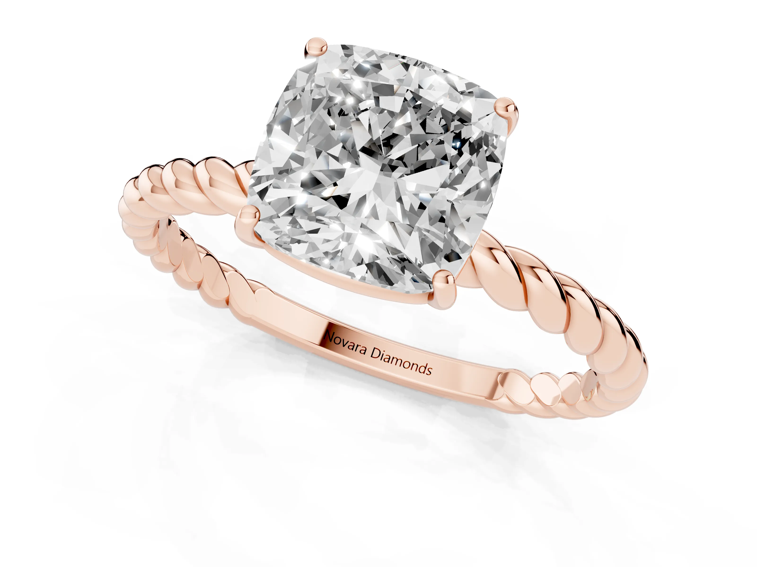 Cushion Cut Diamond Solitaire Ring Set in Rose gold with Twist Band and Prong Setting