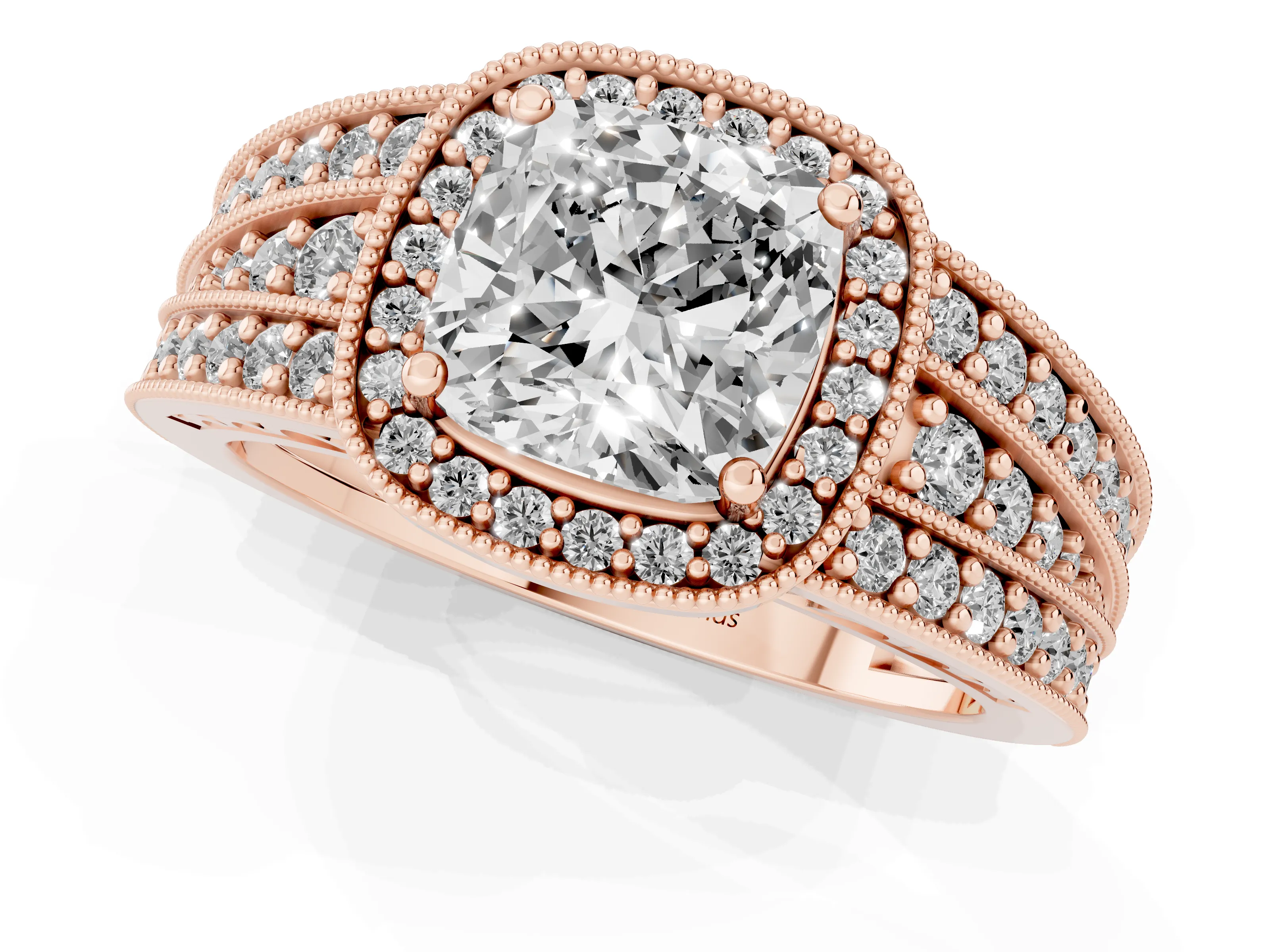 Cushion Cut Diamond Halo Ring Set in Rose gold with Accent Split Shank and Prong Setting