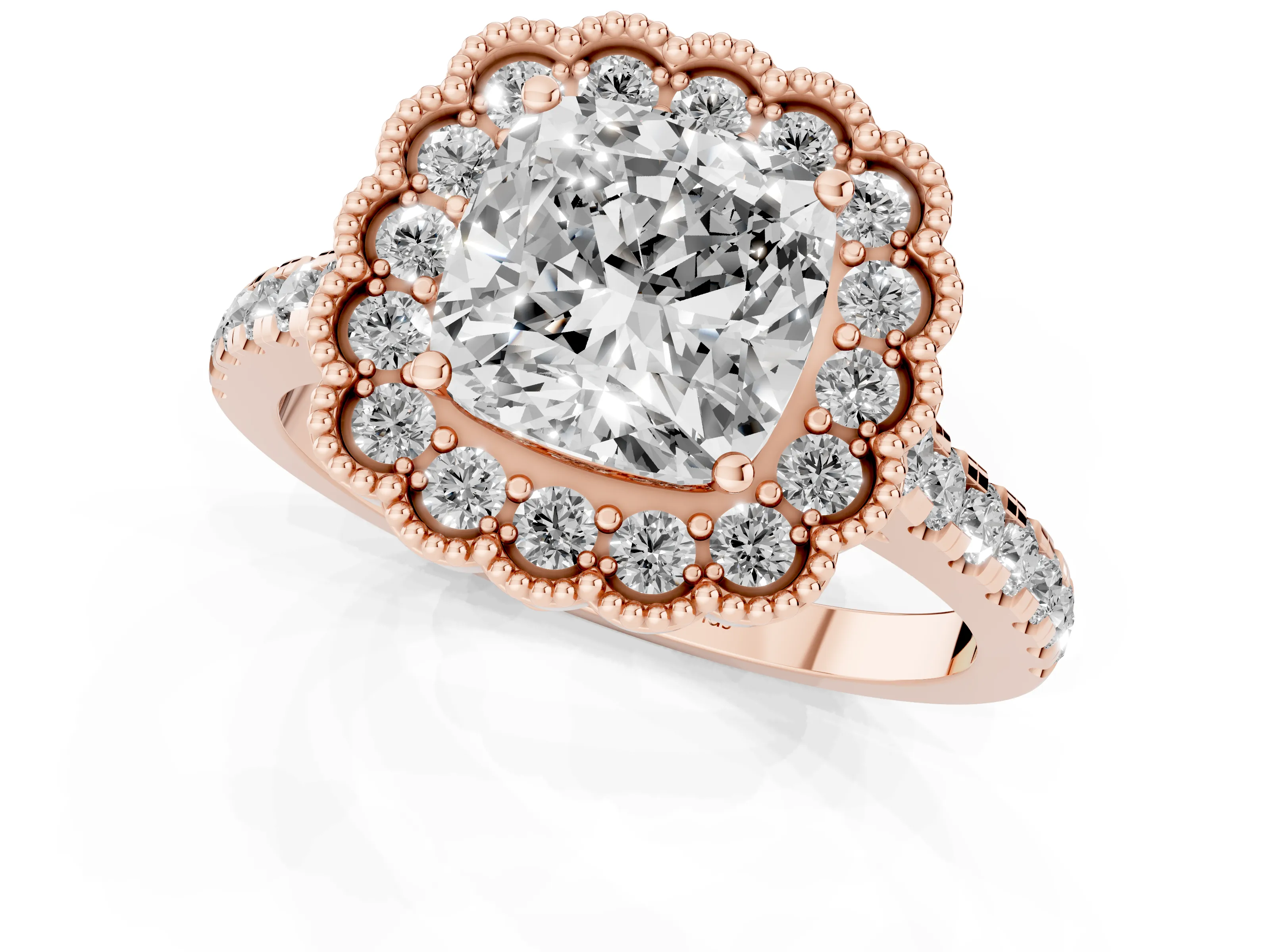 Cushion Cut Diamond Milgrain Floral Halo Engagement Ring Set in Rose gold with Pavé Band