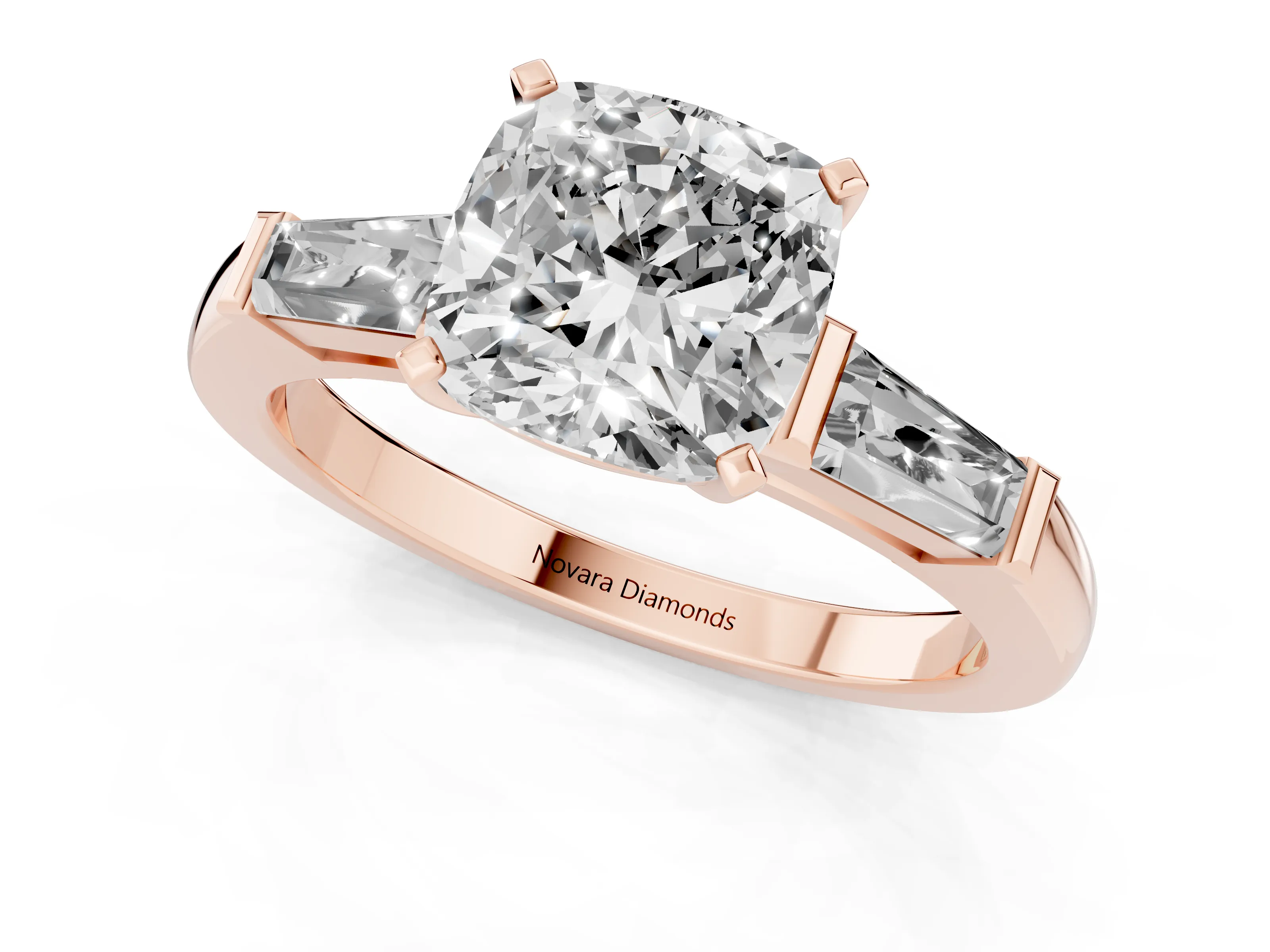 Cushion Cut Diamond Solitaire Ring Set in Rose gold with Tapered Baguette Side Stones and Prong Setting