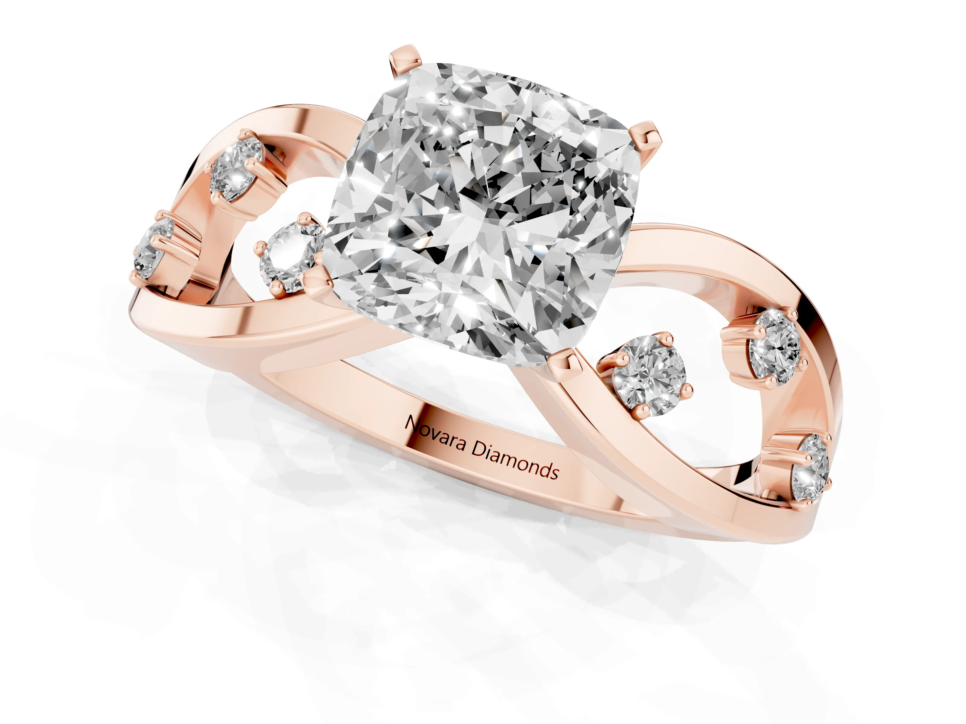 Cushion Cut Diamond Solitaire Ring Set in Rose gold with Side Stones on Criss-Cross Band and Prong Setting