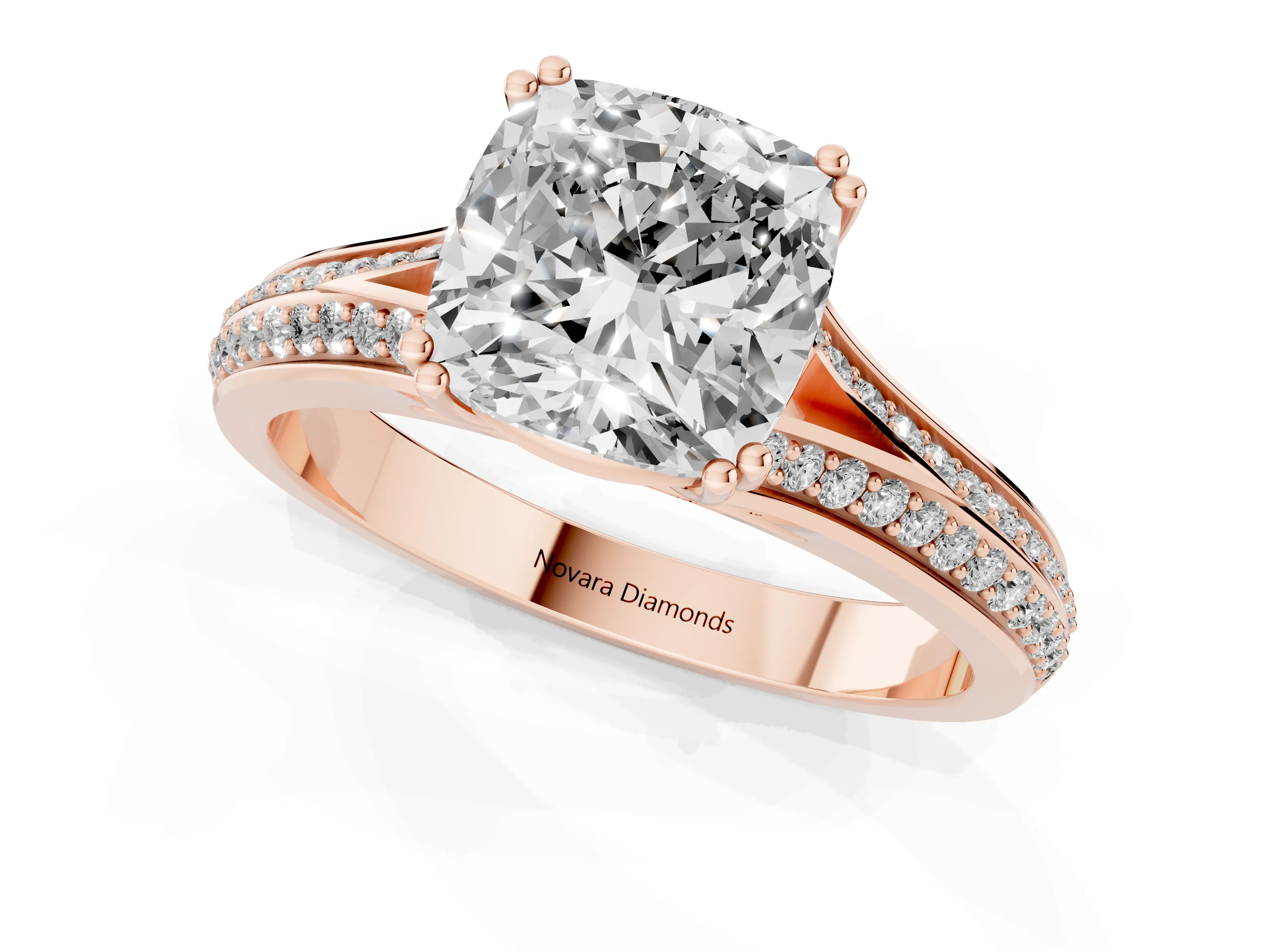 Cushion Cut Diamond Split Shank Pavé Engagement Ring Set in Rose gold with Prong-Set Center Stone