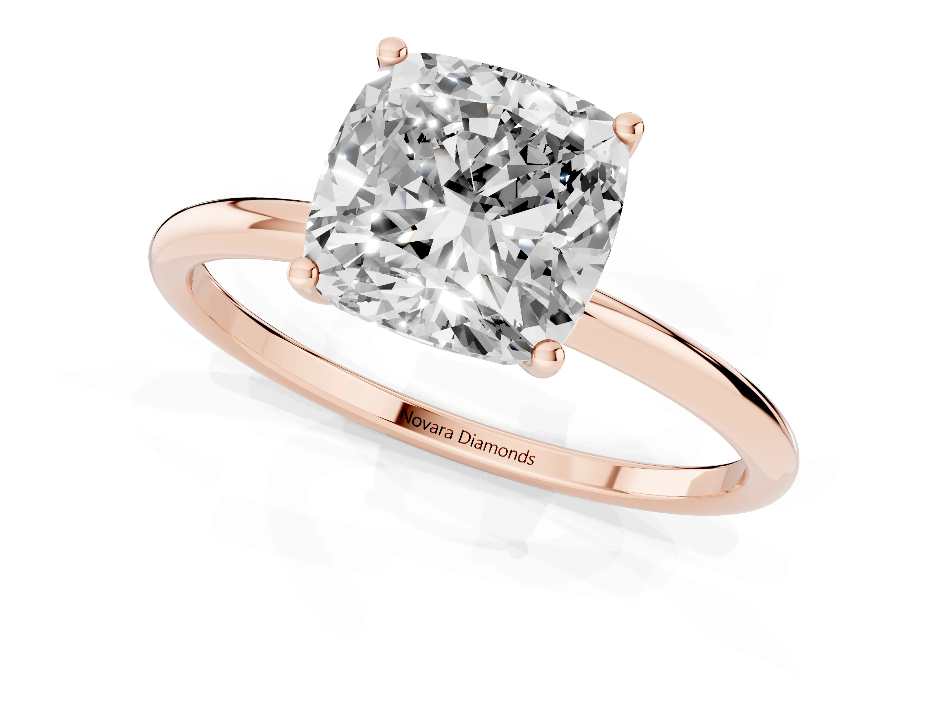 Cushion Cut Diamond Solitaire Engagement Ring Set in Rose gold with Thin Band and Prong Setting