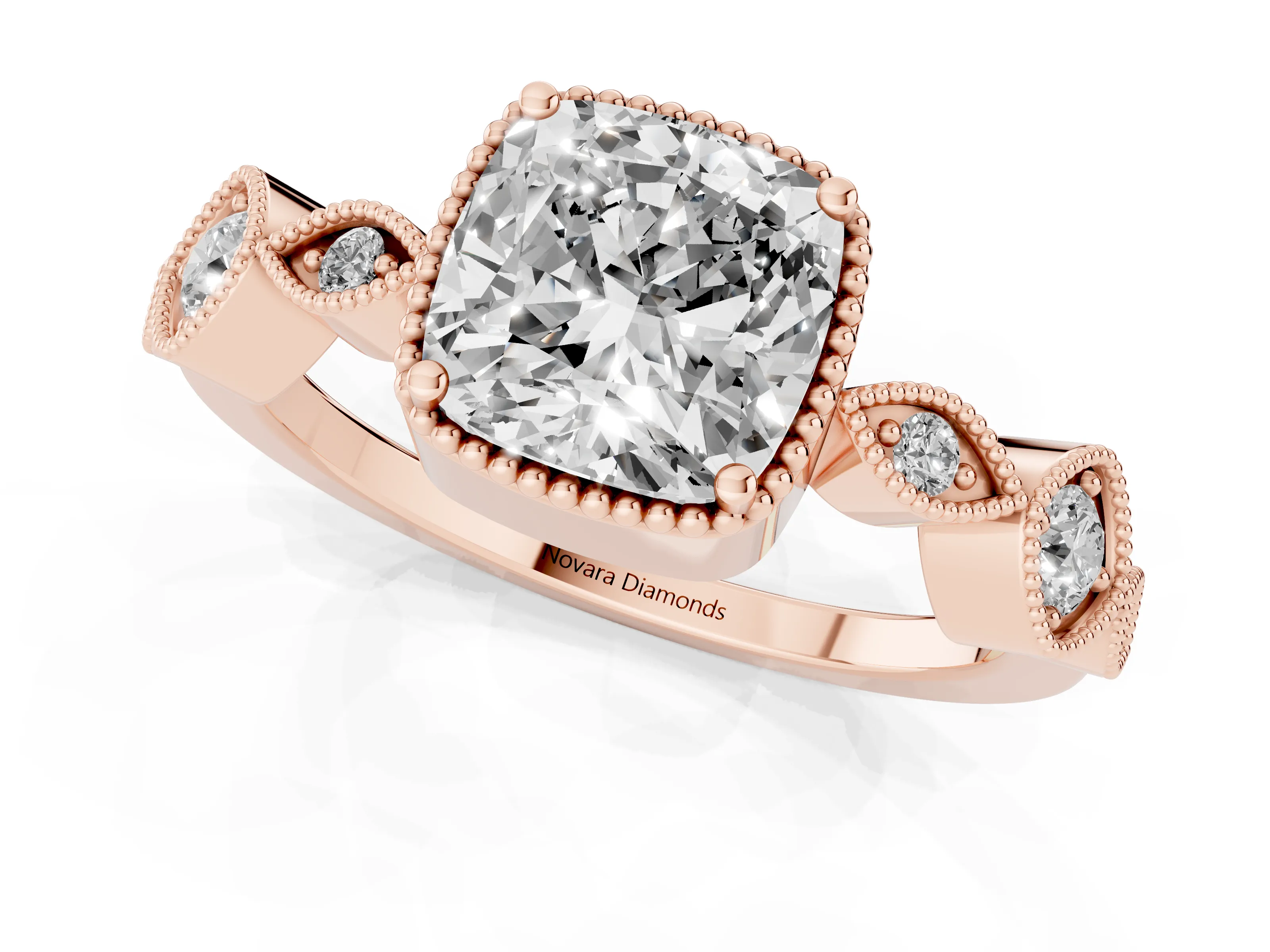 Cushion Cut Diamond Vintage-Inspired Milgrain Ring Set in Rose gold with Marquise Stations of Round Accents