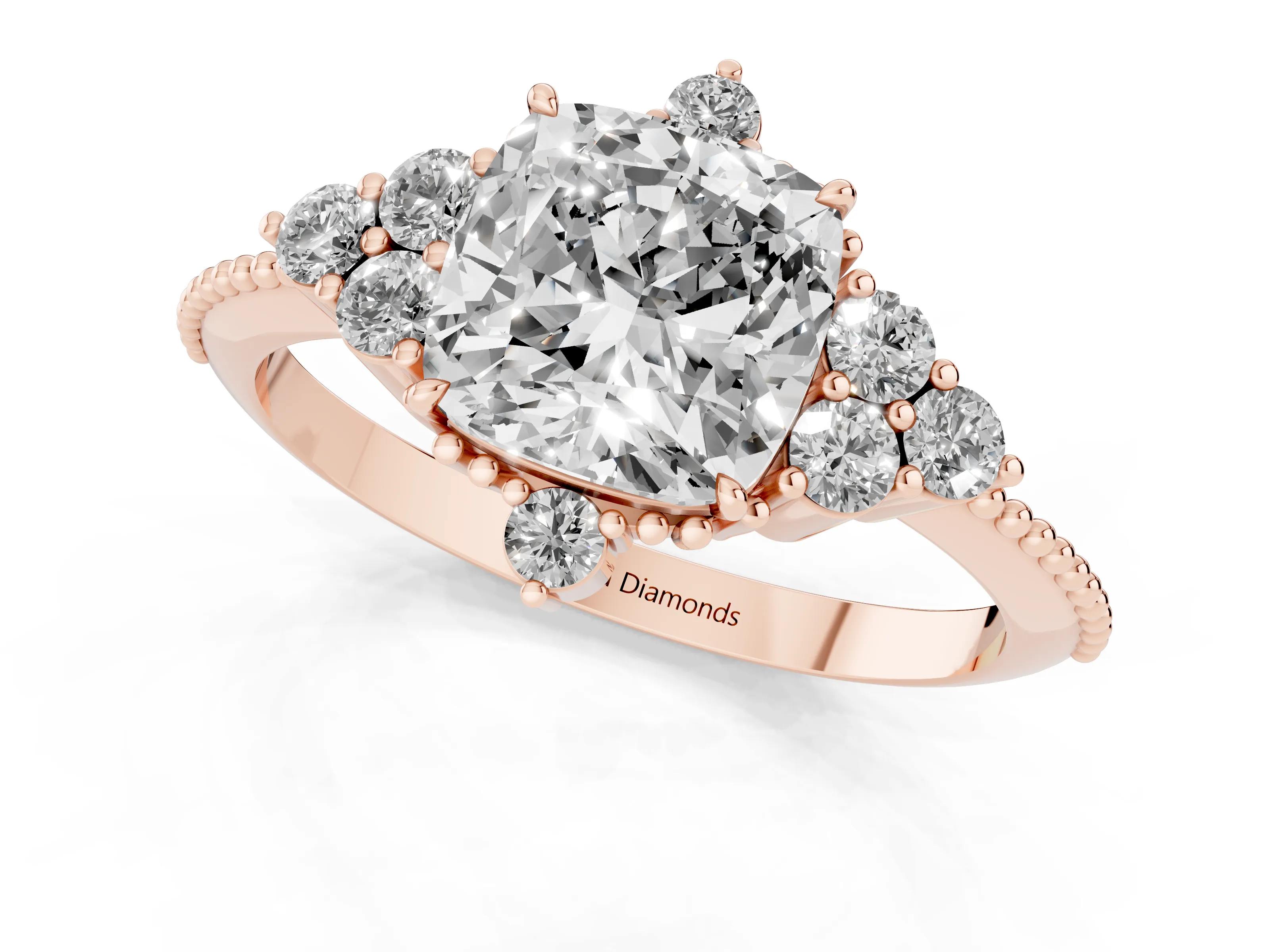 Cushion Cut Diamond Cluster Ring Set in Rose gold with Beaded Band