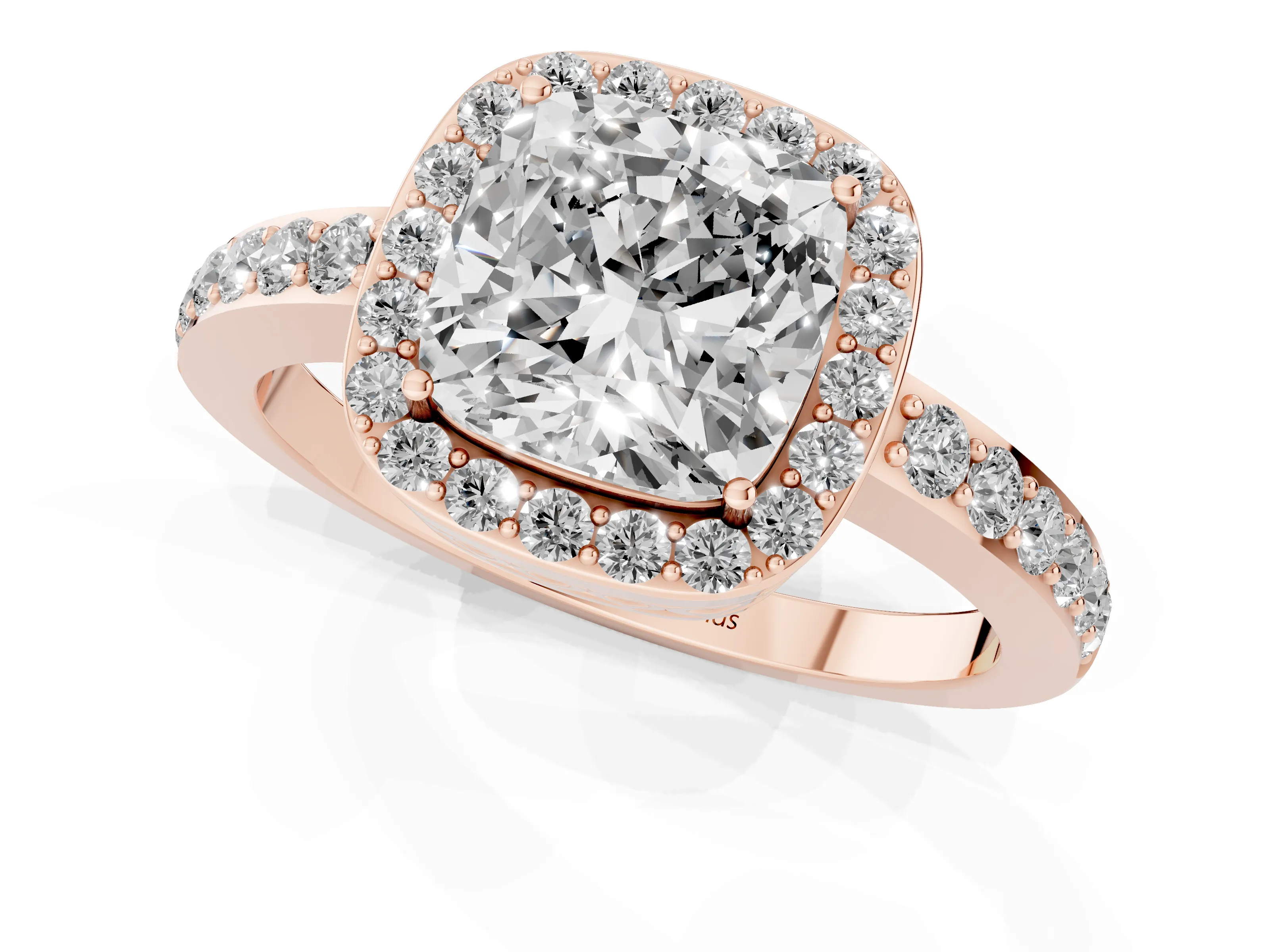 Cushion Cut Diamond Halo Ring Set in Rose gold with Pavé-Setting Band and Open Prong Center – second view