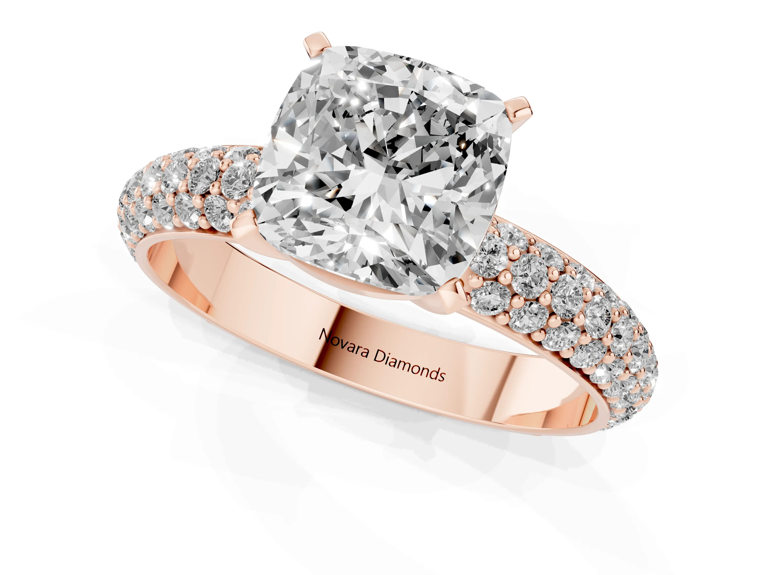 Cushion Cut Diamond Solitaire Ring Set in Rose gold with Prong Setting and Pavé-Set Band