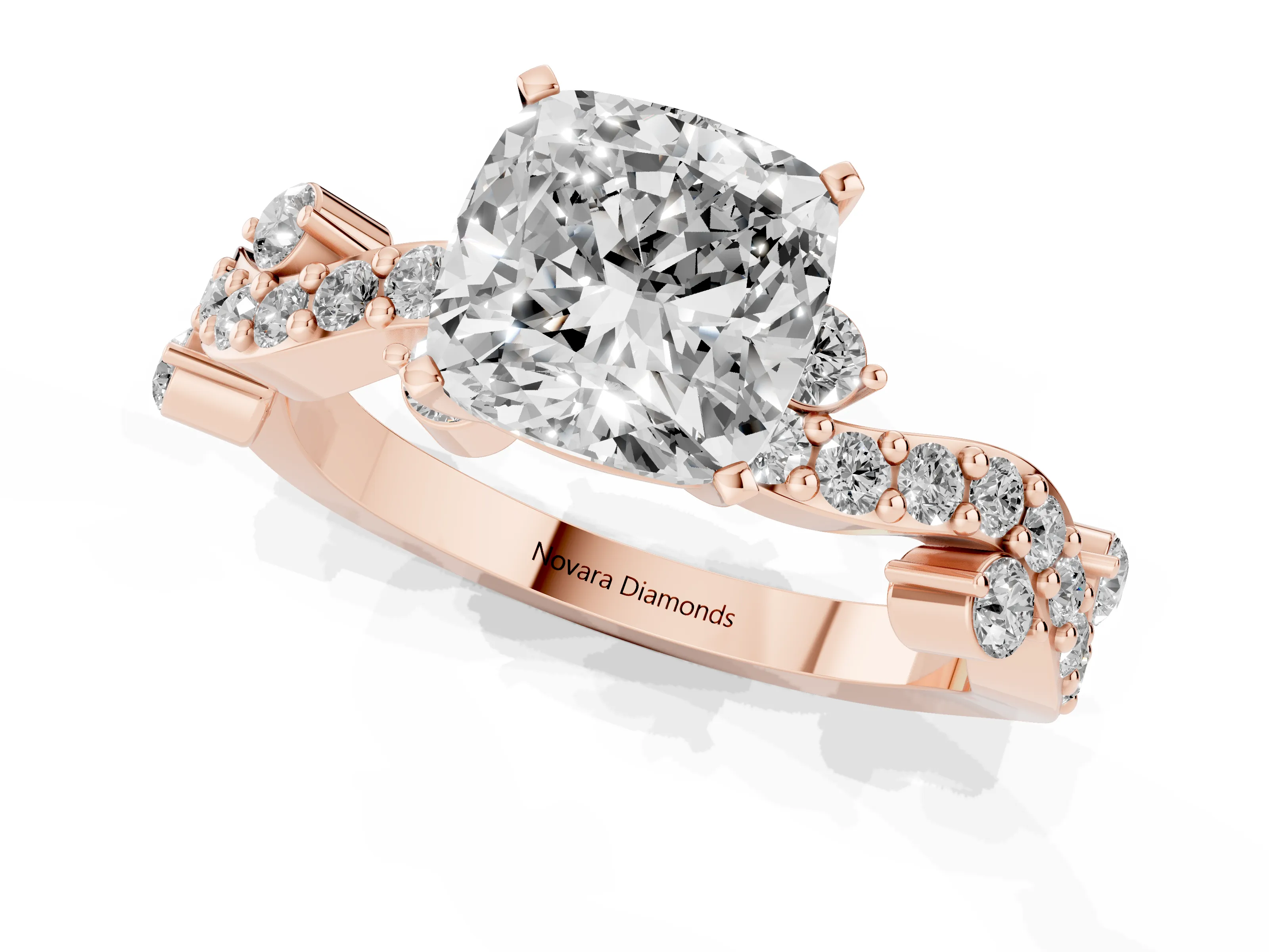 Cushion Cut Diamond Solitaire Twisted Band Set in Rose gold with Pavé Setting