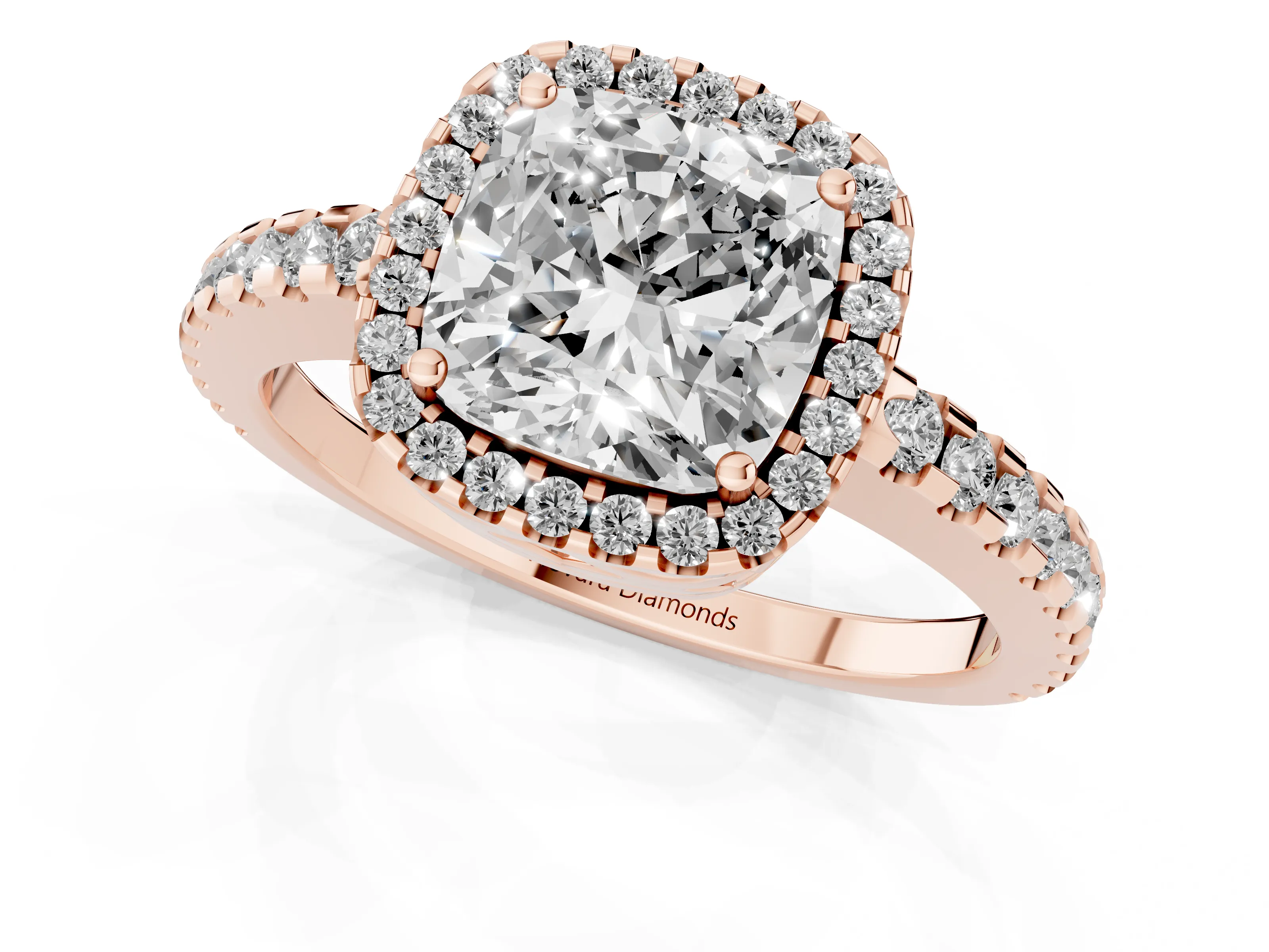 Cushion Cut Diamond Halo Ring Set in Rose gold with Pavé Shoulders and Halo-Framed Center
