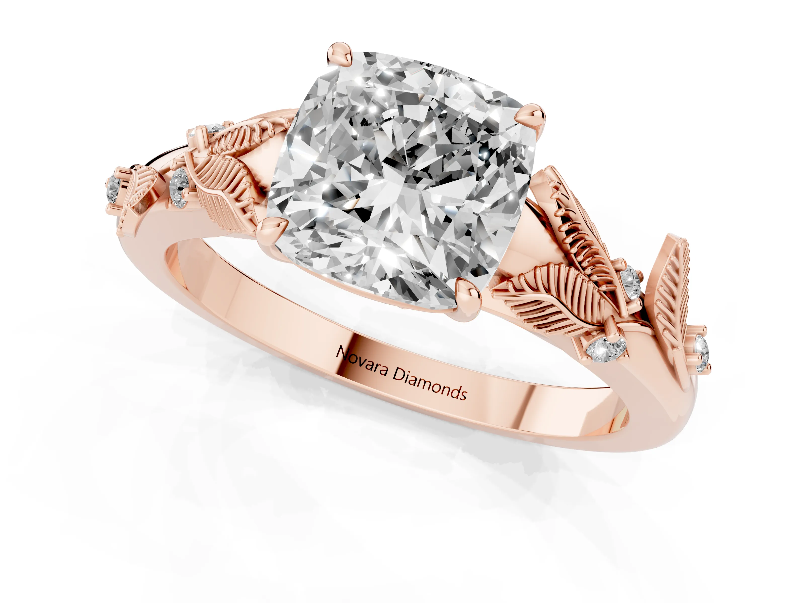 Cushion Cut Diamond Solitaire Ring Set in Rose gold with Leaf Motif Band