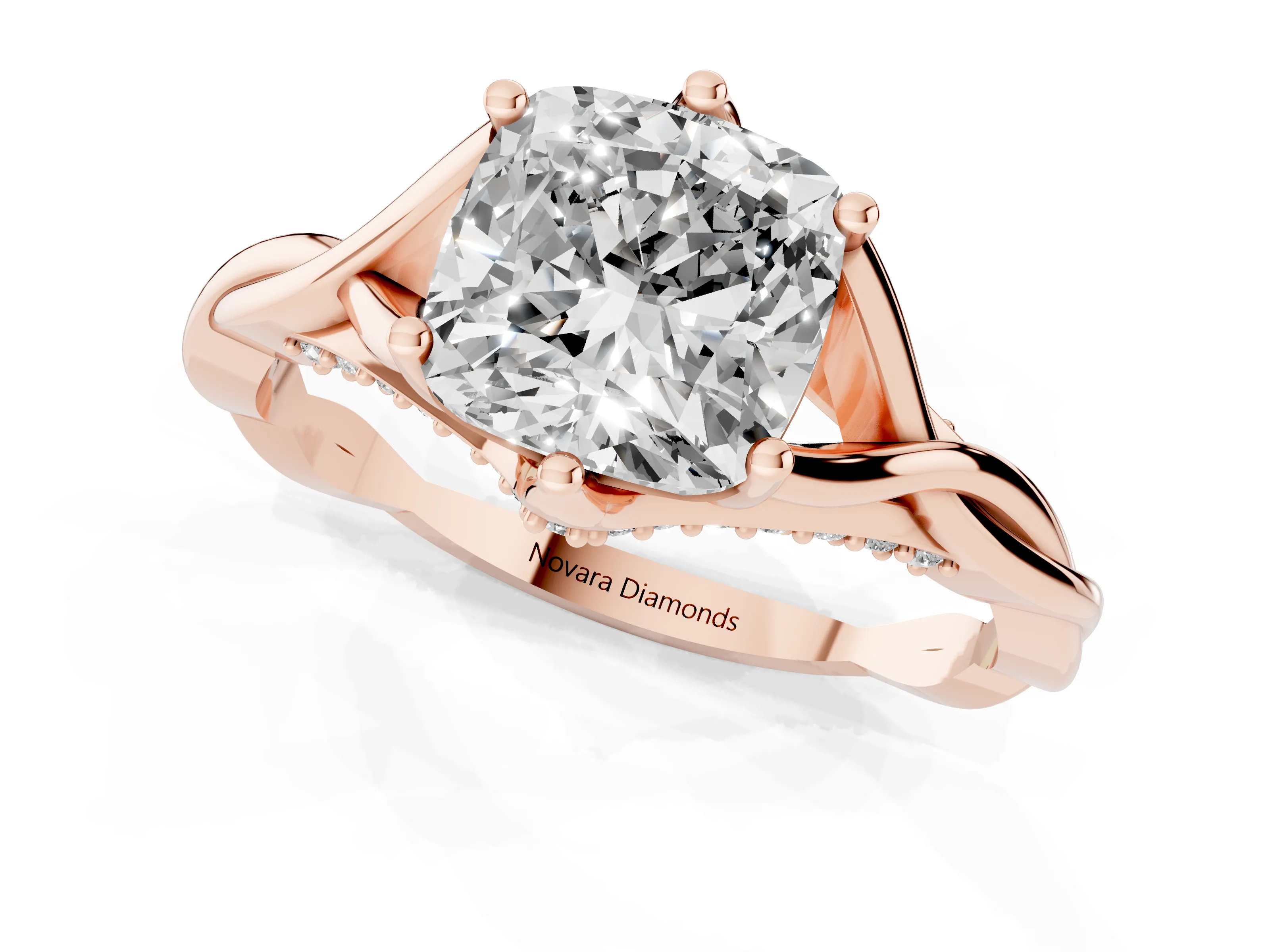 Cushion Cut Diamond Intertwined Twist Band Solitaire Ring Set in Rose gold with Prong Setting