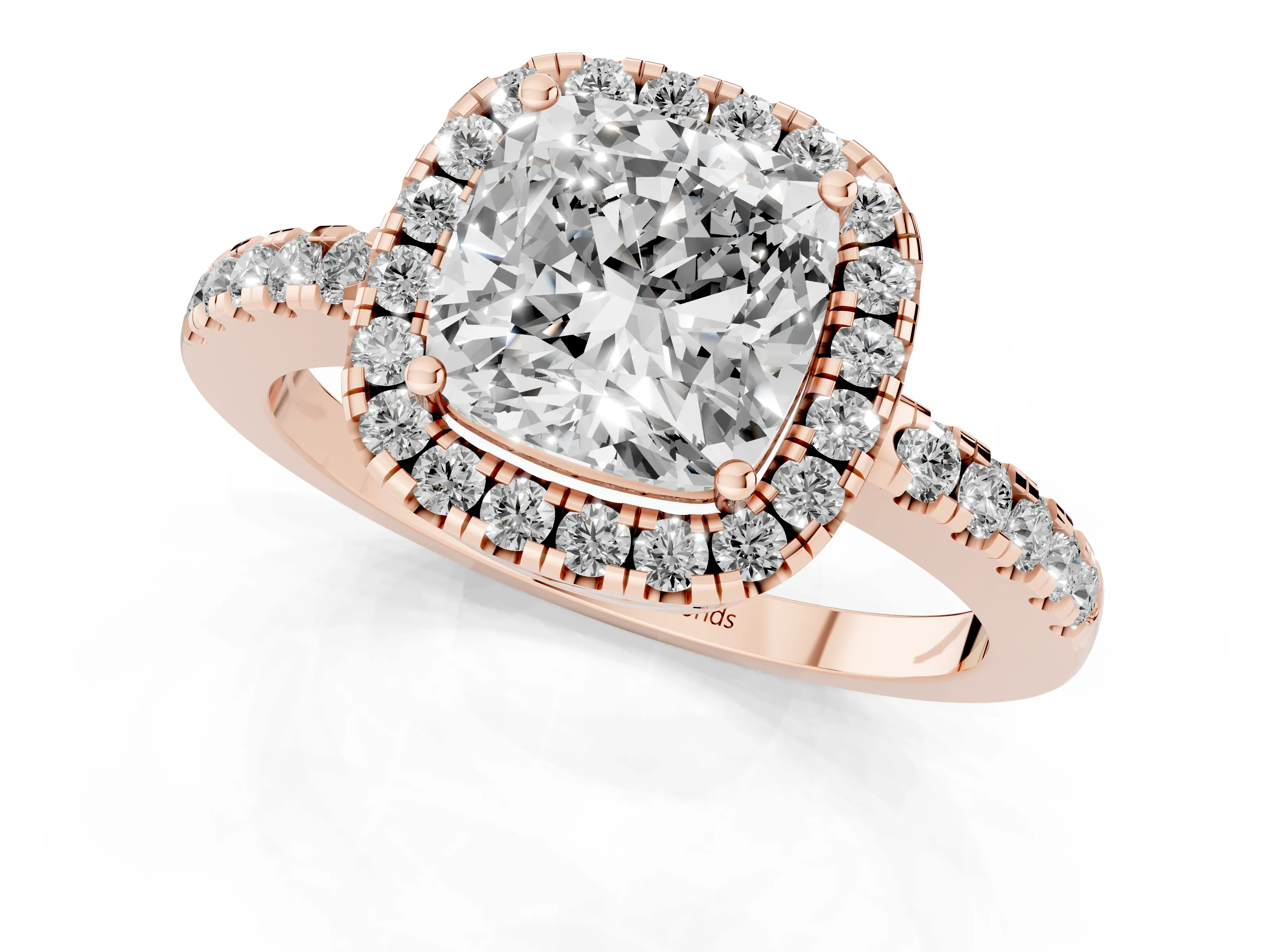 Cushion Cut Diamond Pavé Band Halo Engagement Ring Set in Rose gold with Prong Setting