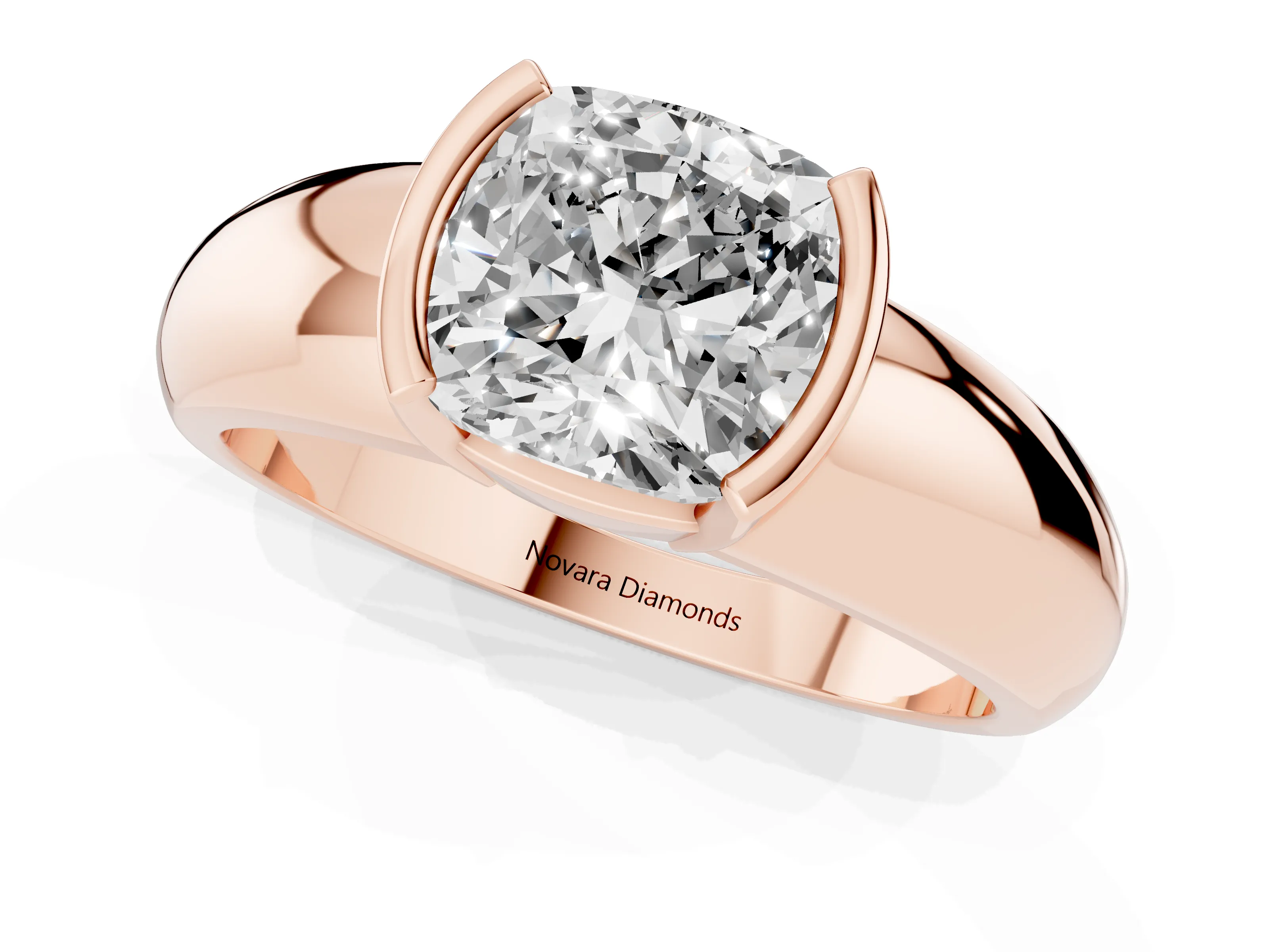 Cushion Cut Diamond Solitaire Tension Set Ring Set in Rose gold with Wide Band