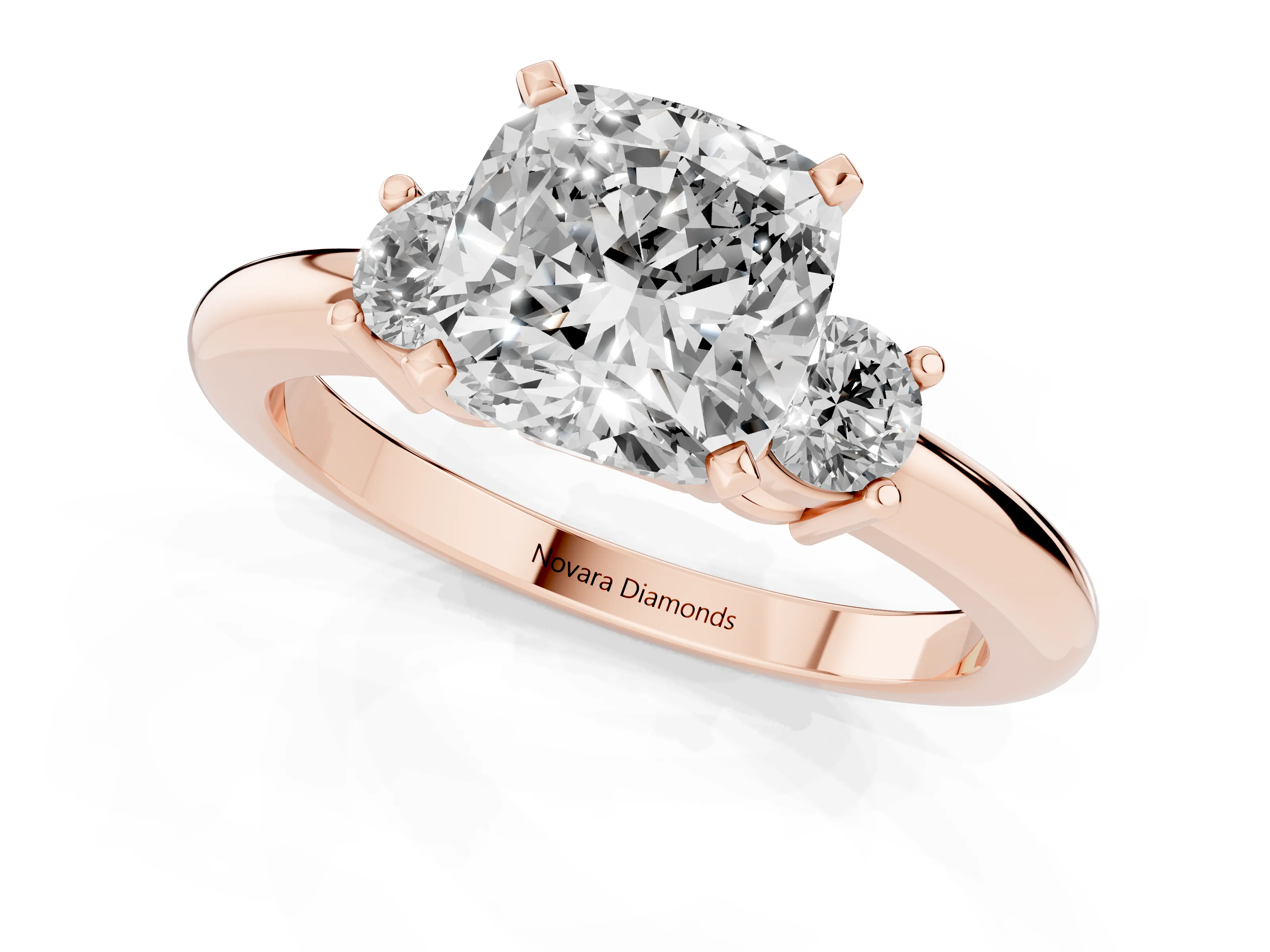 Three-Stone Cushion Cut Diamond Ring Set in Rose gold with Prong Setting and Plain Band